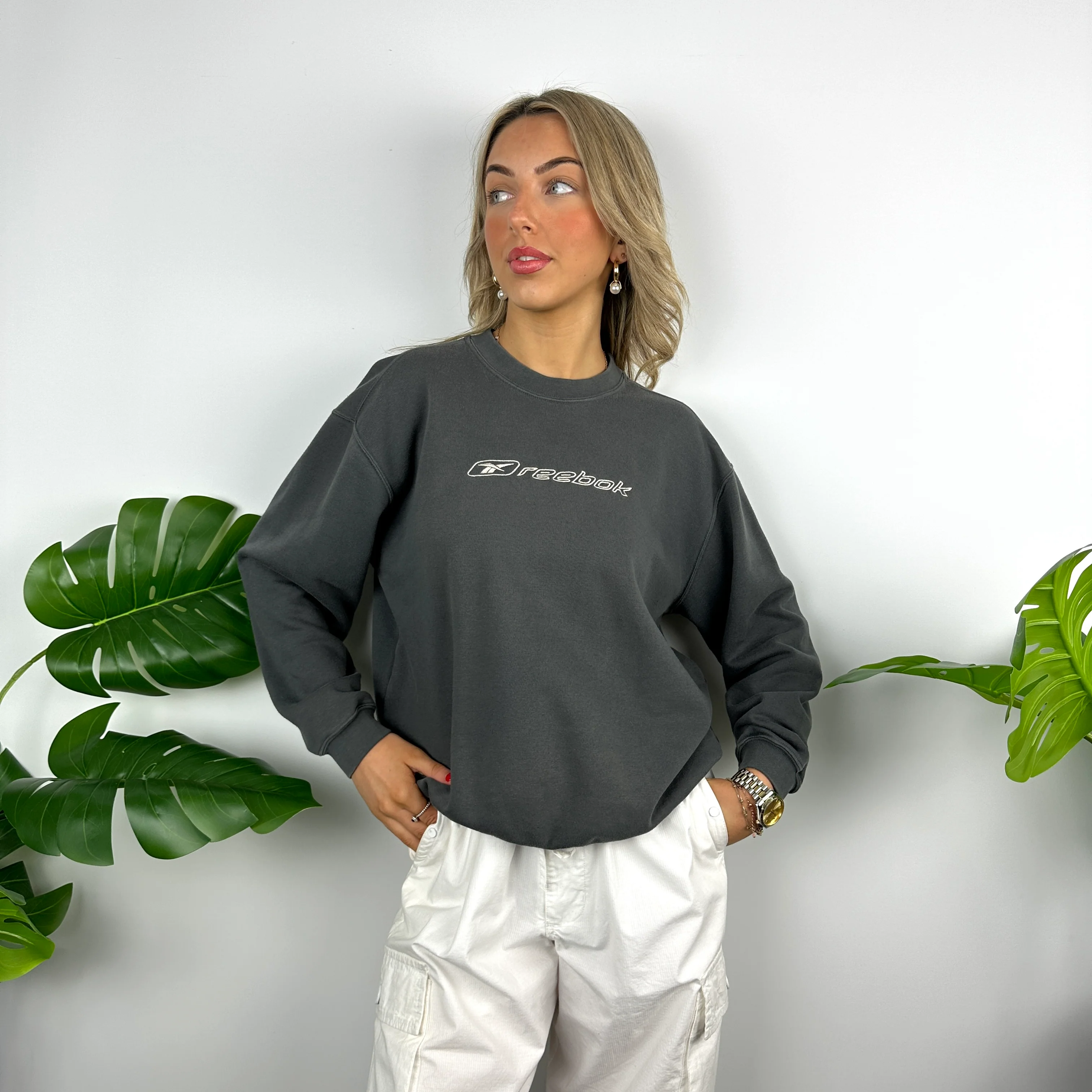 Reebok Grey Embroidered Spell Out Sweatshirt (S) - Image 5