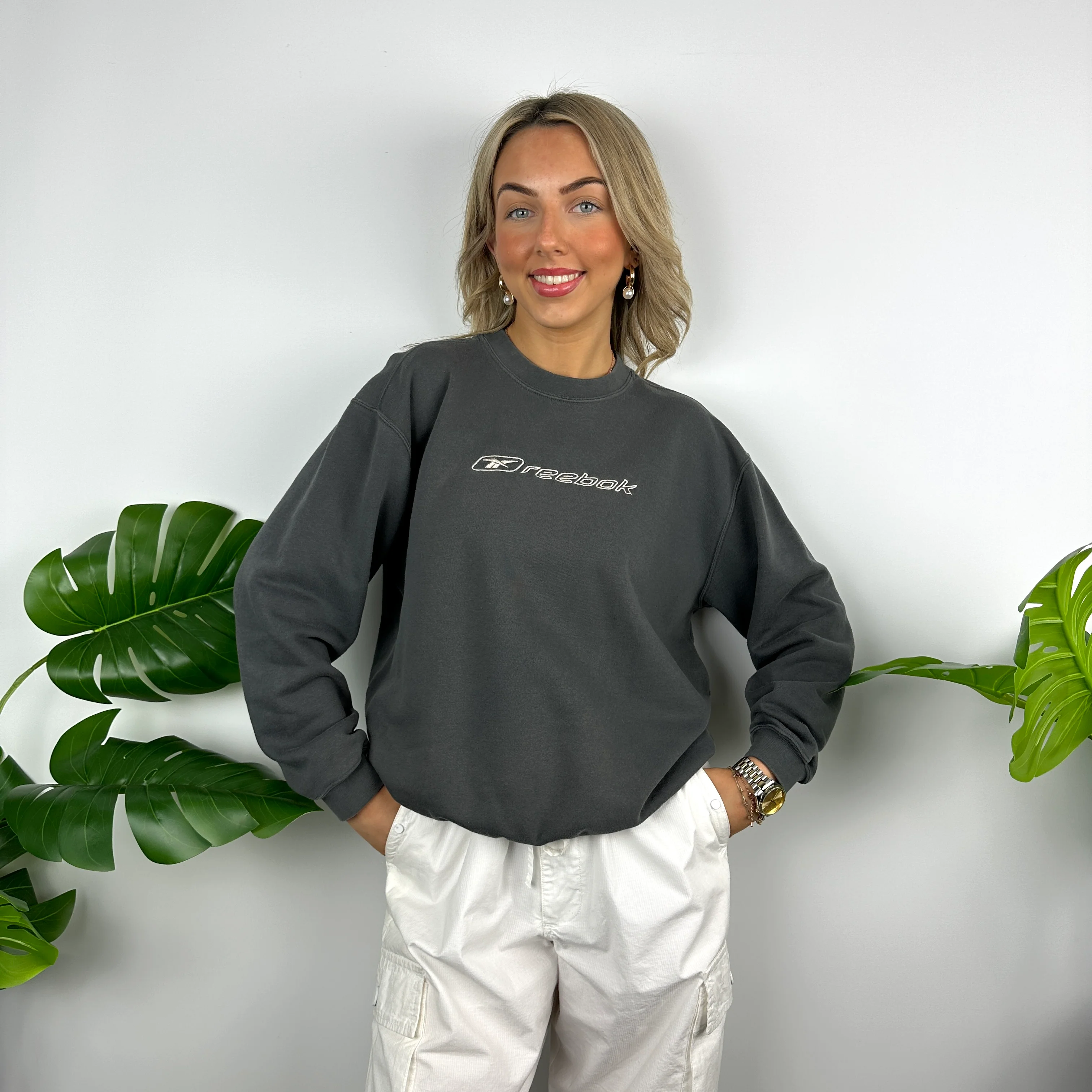 Reebok Grey Embroidered Spell Out Sweatshirt (S) - Image 6