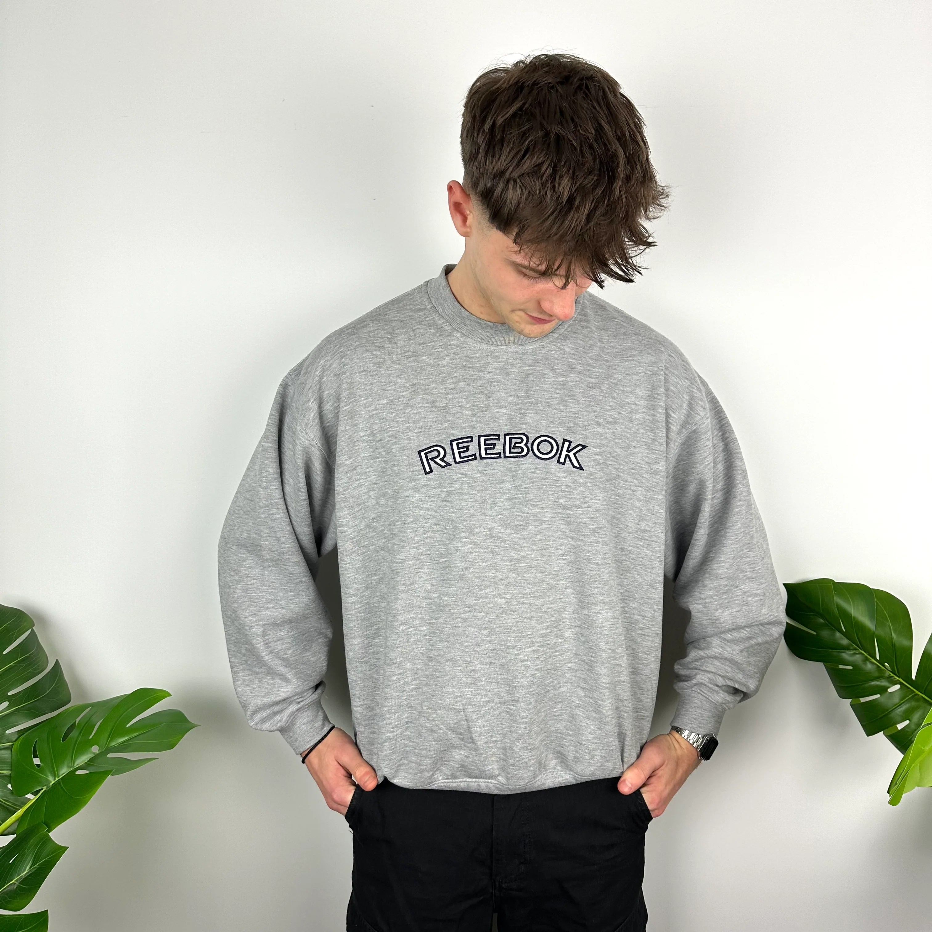 Reebok Grey Embroidered Spell Out Sweatshirt (M) - Image 5