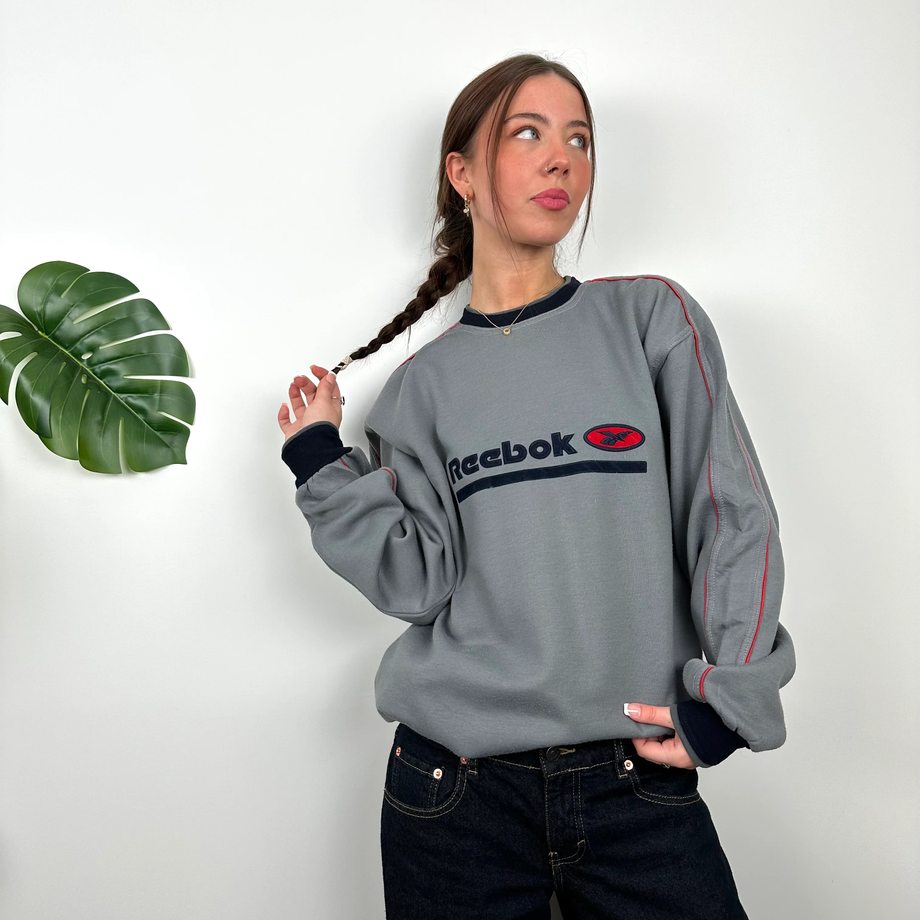 Reebok Grey Embroidered Spell Out Sweatshirt (L) - Image 4