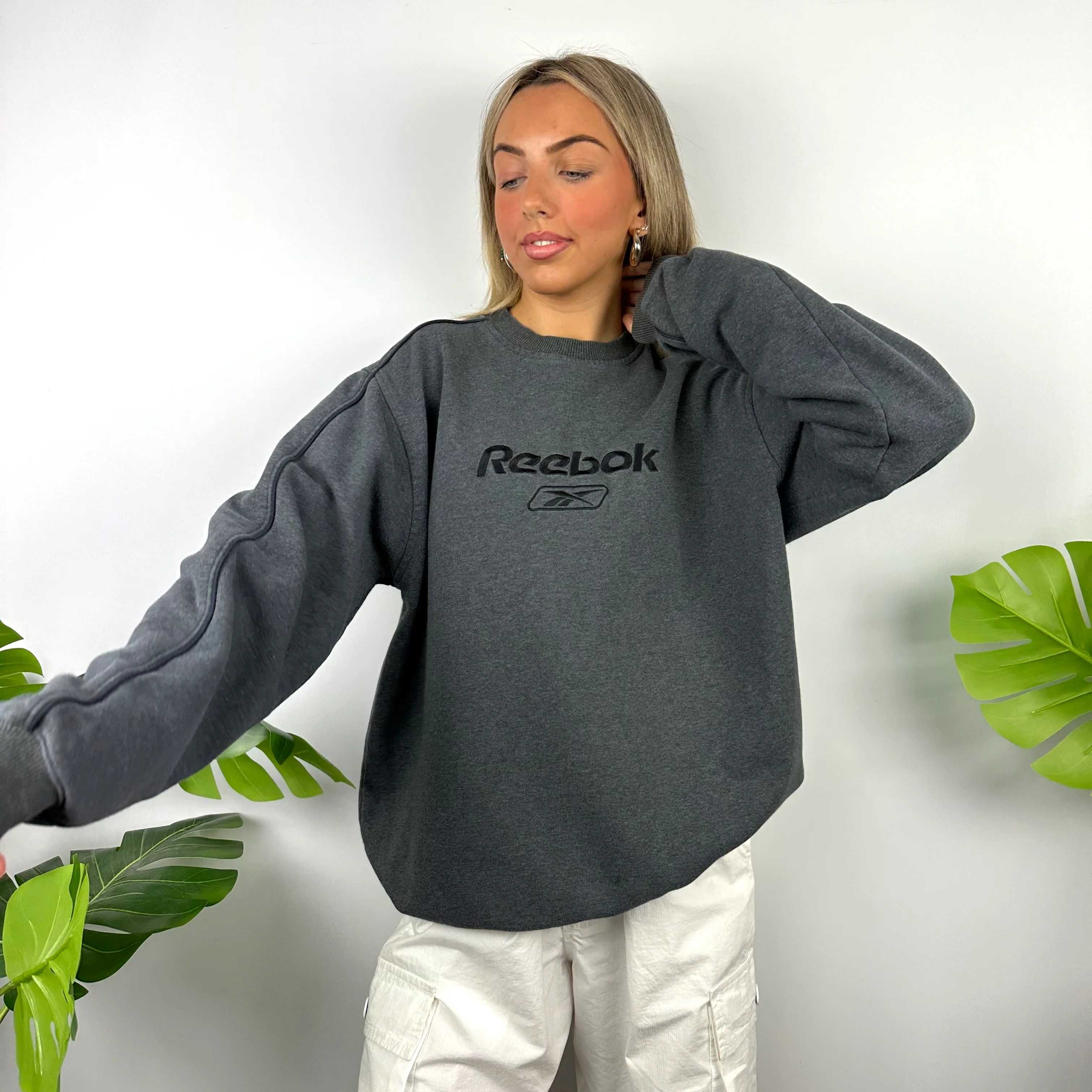 Reebok Grey Embroidered Spell Out Sweatshirt (M) - Image 2