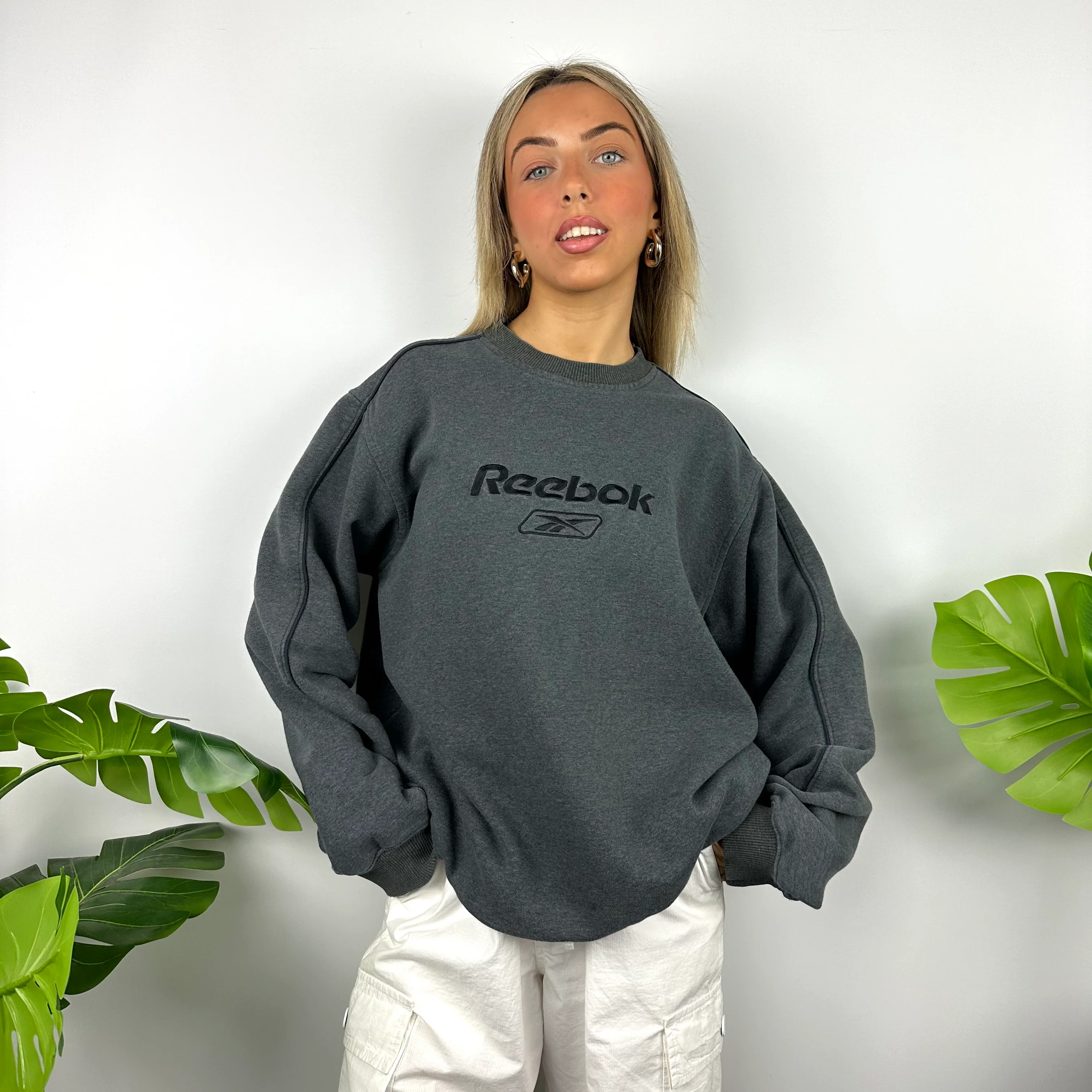 Reebok Grey Embroidered Spell Out Sweatshirt (M) - Image 6