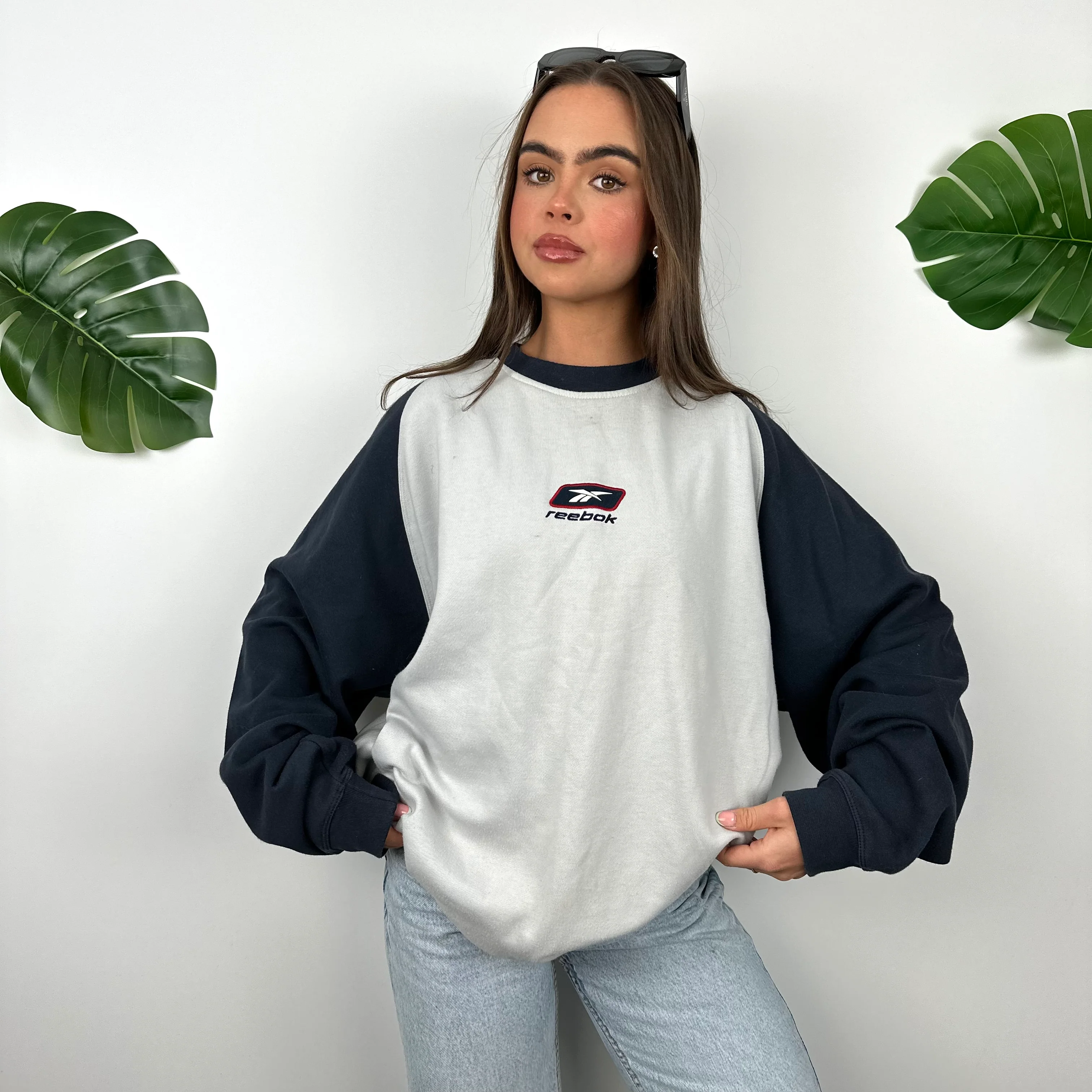 Reebok Grey & Navy Embroidered Spell Out Sweatshirt (L)