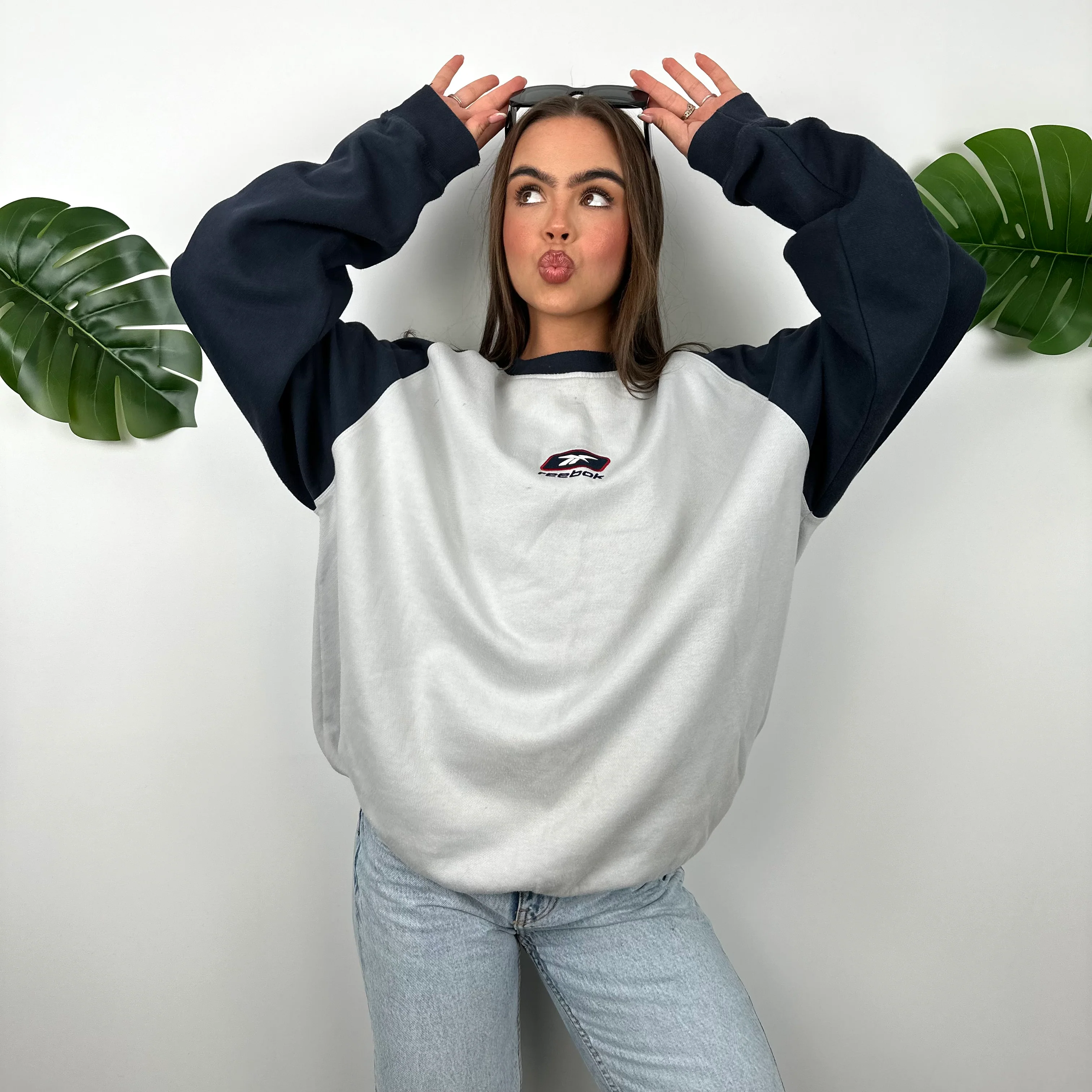 Reebok Grey & Navy Embroidered Spell Out Sweatshirt (L) - Image 2