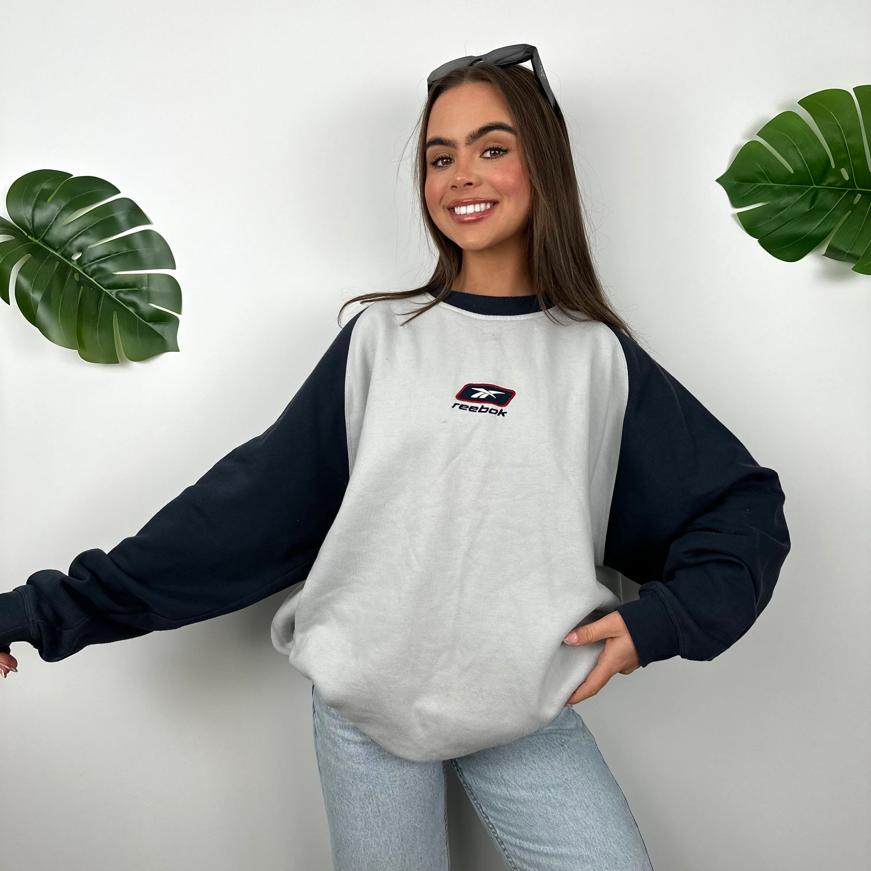 Reebok Grey & Navy Embroidered Spell Out Sweatshirt (L) - Image 3