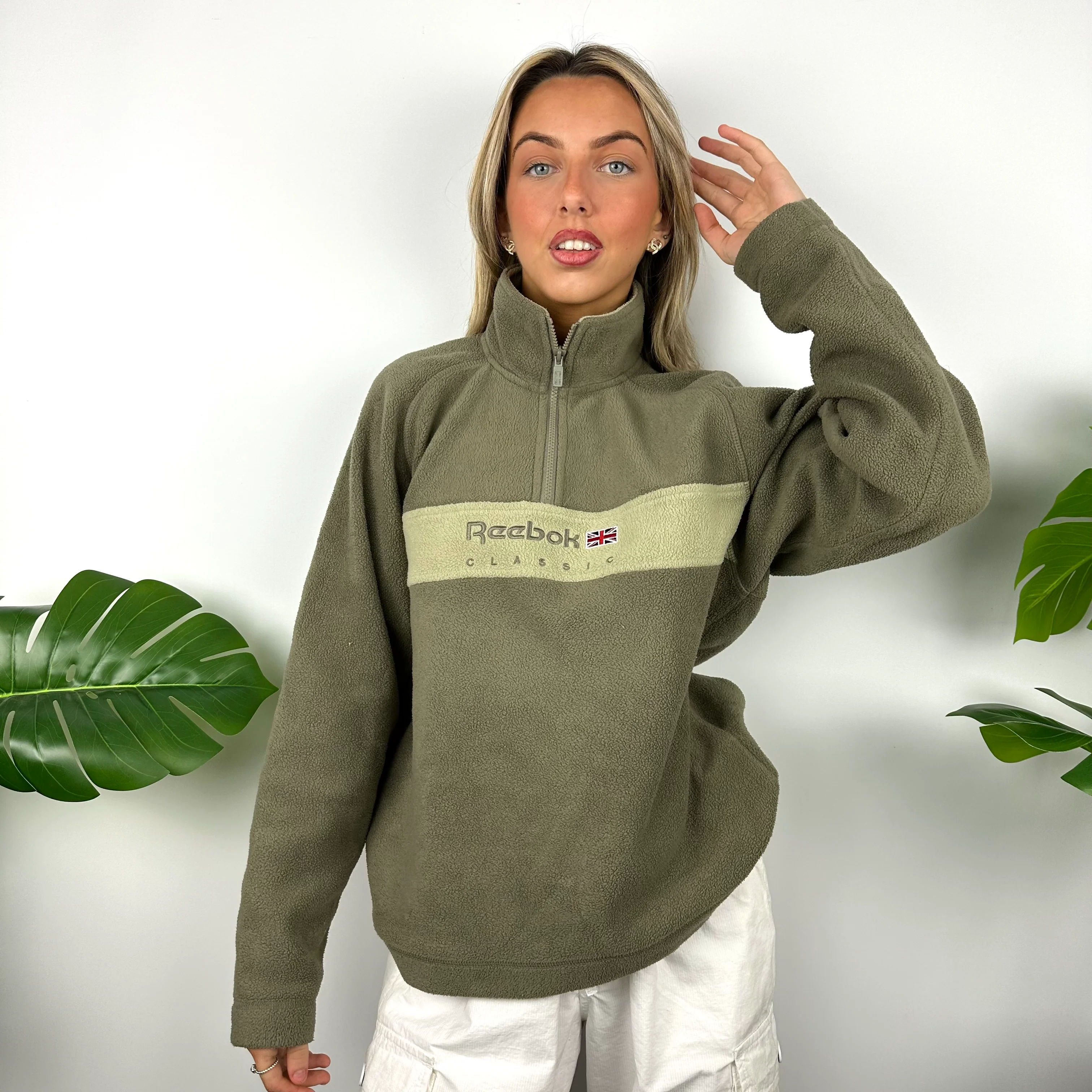 Reebok Khaki Green Embroidered Spell Out Teddy Bear Fleece Quarter Zip Sweatshirt (S) - Image 2