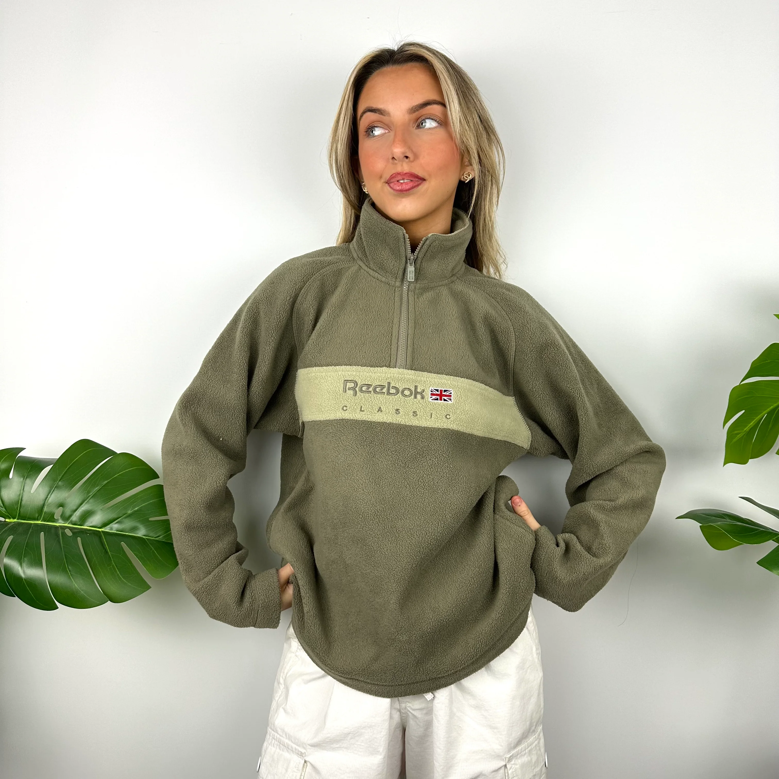 Reebok Khaki Green Embroidered Spell Out Teddy Bear Fleece Quarter Zip Sweatshirt (S) - Image 3