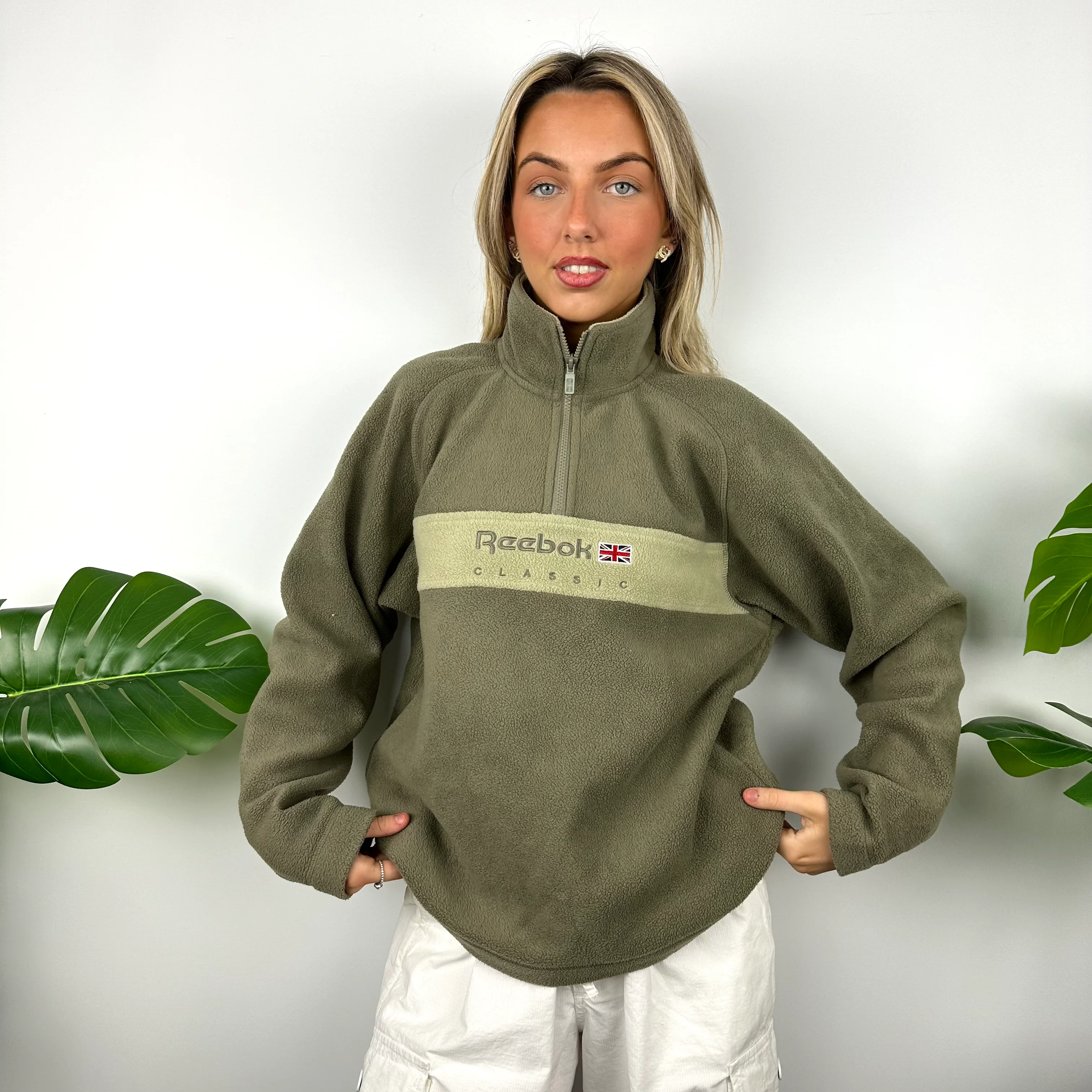Reebok Khaki Green Embroidered Spell Out Teddy Bear Fleece Quarter Zip Sweatshirt (S) - Image 4