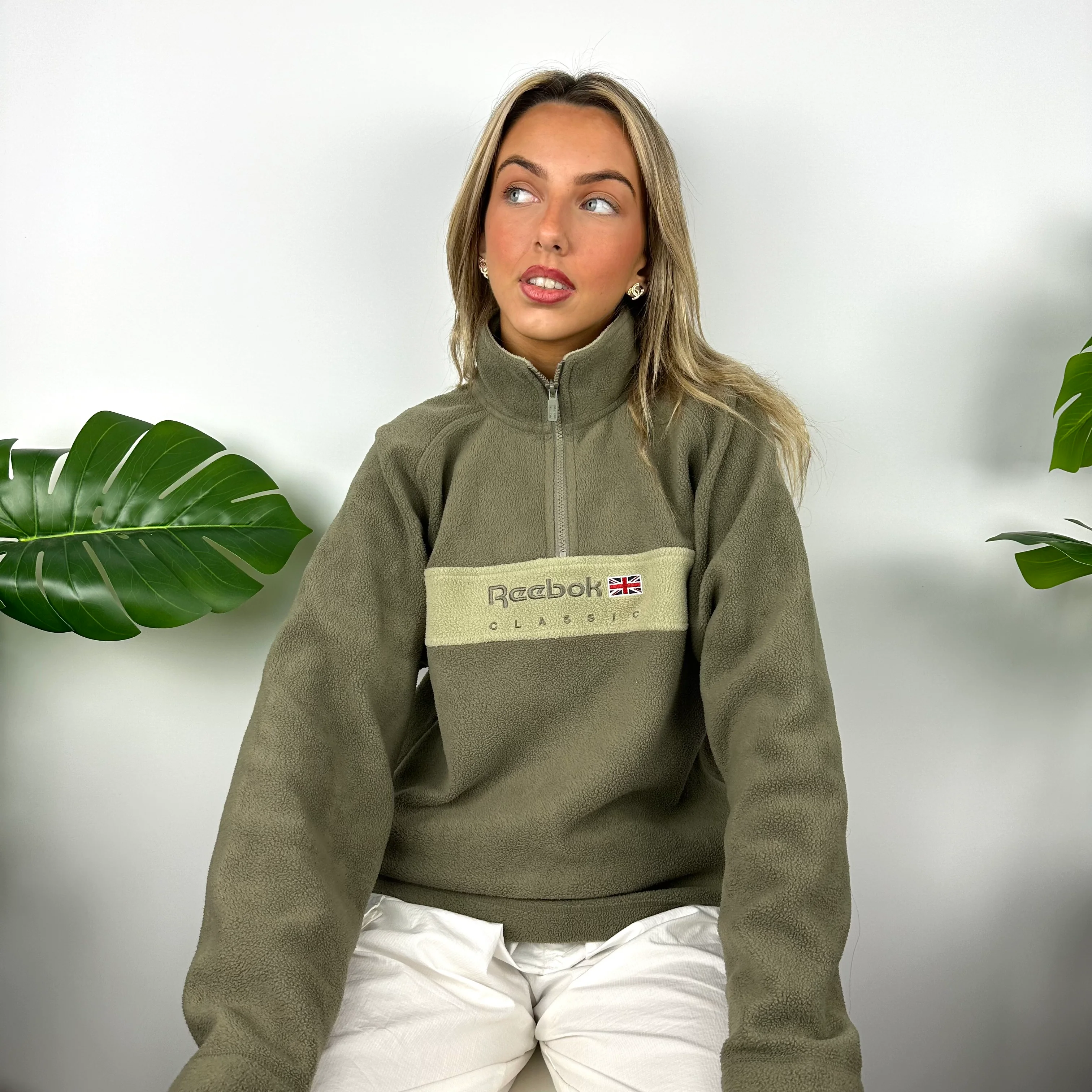 Reebok Khaki Green Embroidered Spell Out Teddy Bear Fleece Quarter Zip Sweatshirt (S) - Image 5