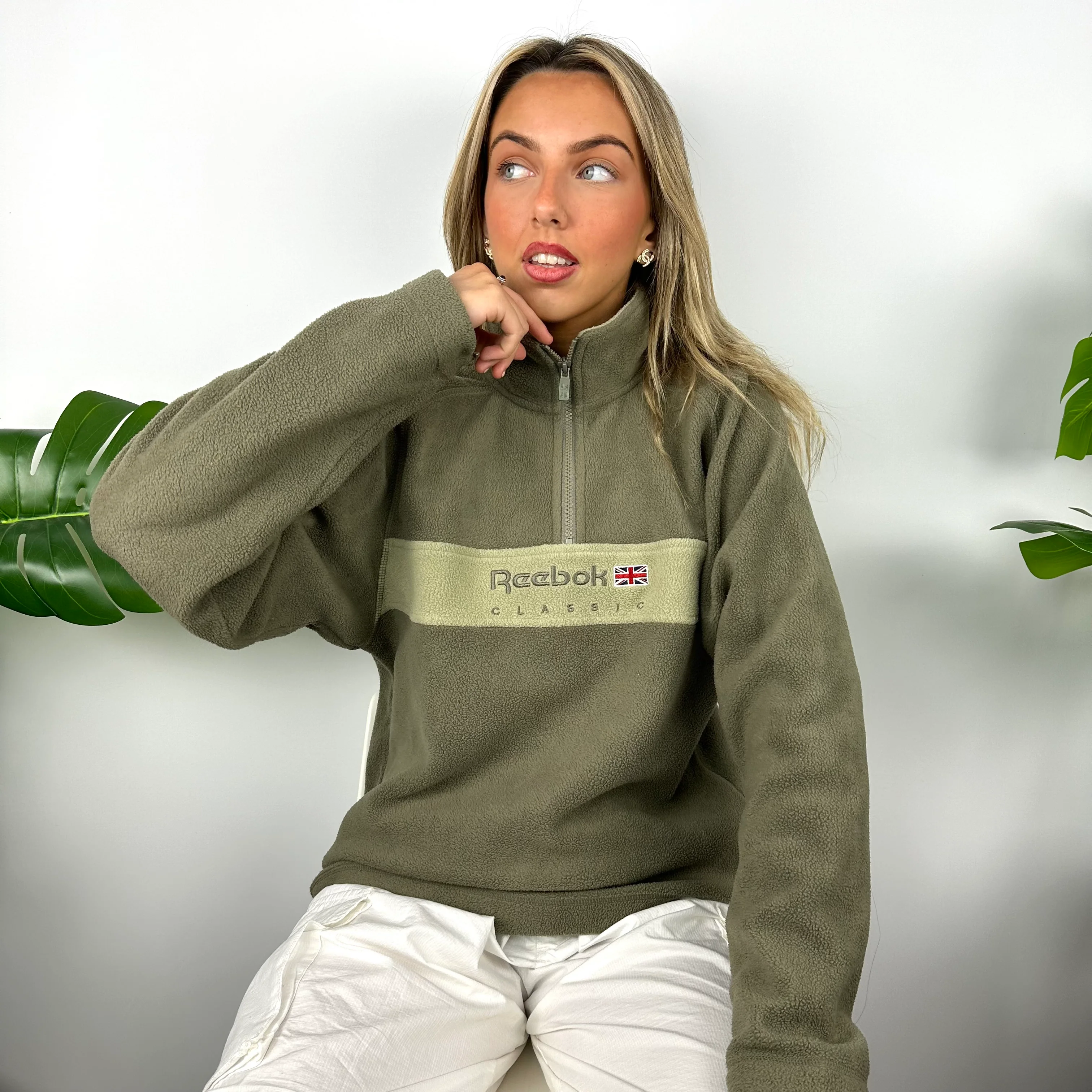 Reebok Khaki Green Embroidered Spell Out Teddy Bear Fleece Quarter Zip Sweatshirt (S) - Image 7