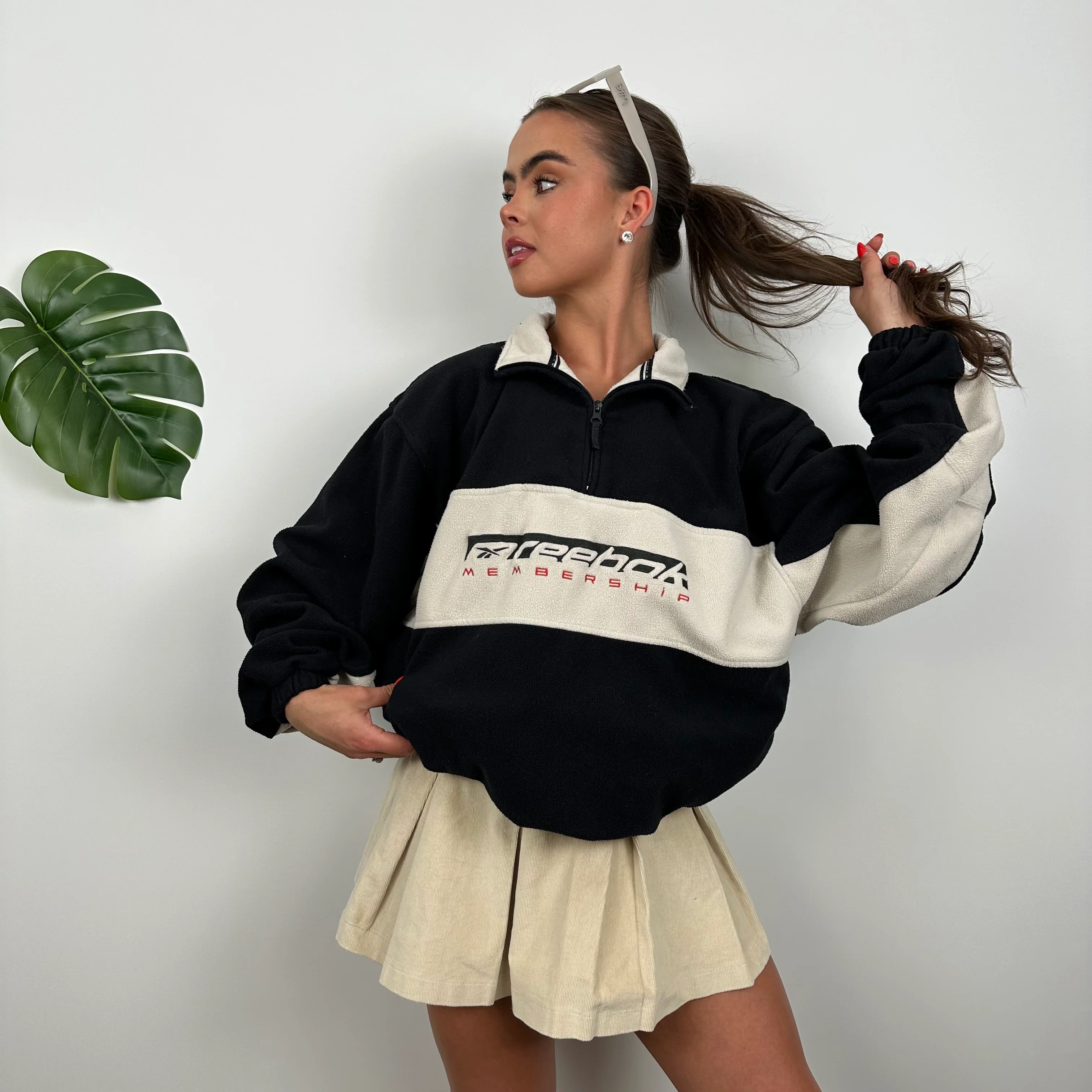 Reebok Membership RARE Black and Cream Embroidered Spell Out Teddy Bear Fleece Quarter Zip Sweatshirt (L) - Image 2