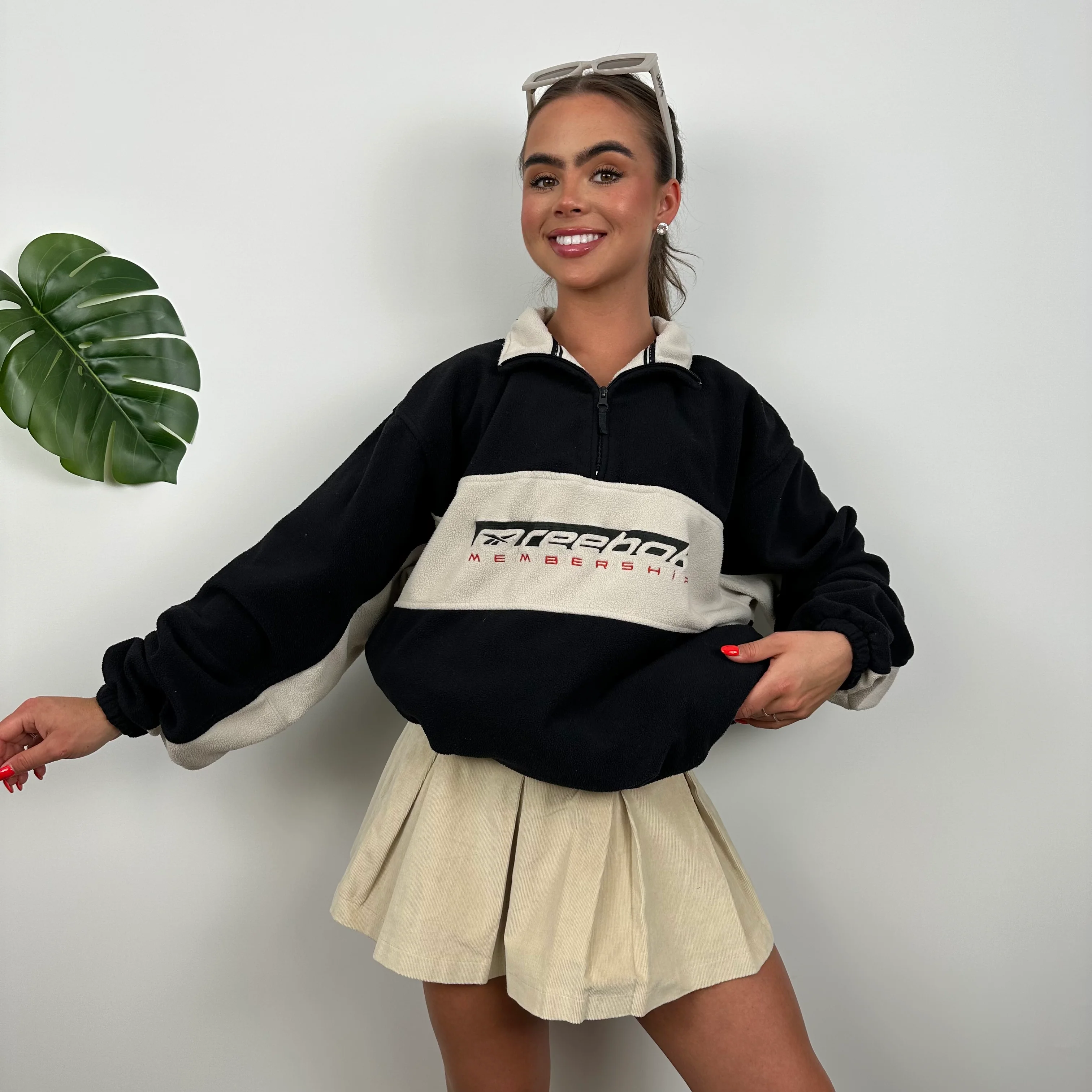 Reebok Membership RARE Black and Cream Embroidered Spell Out Teddy Bear Fleece Quarter Zip Sweatshirt (L) - Image 5