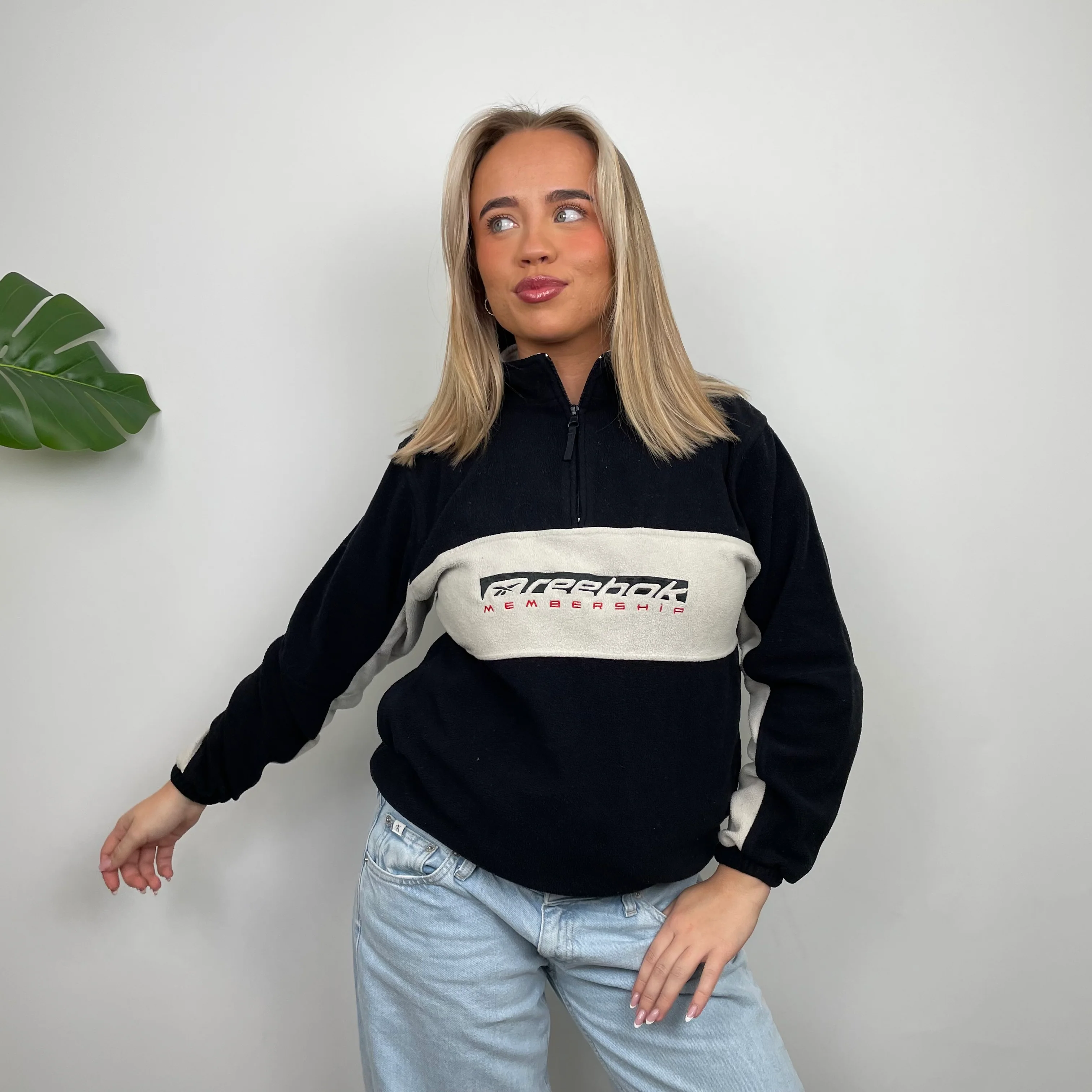 Reebok Membership RARE Black and Cream Embroidered Spell Out Teddy Bear Fleece Quarter Zip Sweatshirt (S) - Image 5