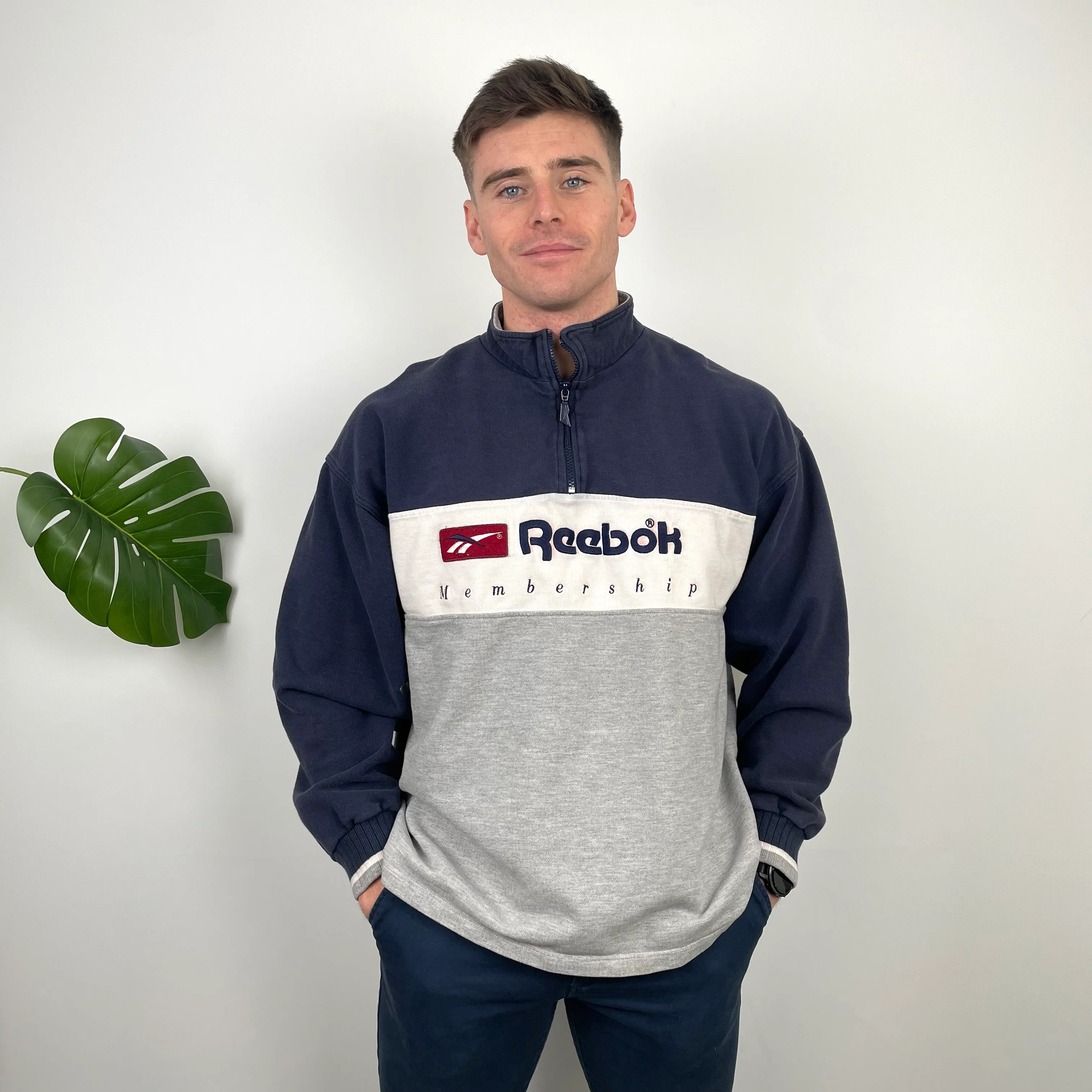 Reebok Membership RARE Black and Grey Embroidered Spell Out Quarter Zip Sweatshirt (M) - Image 2