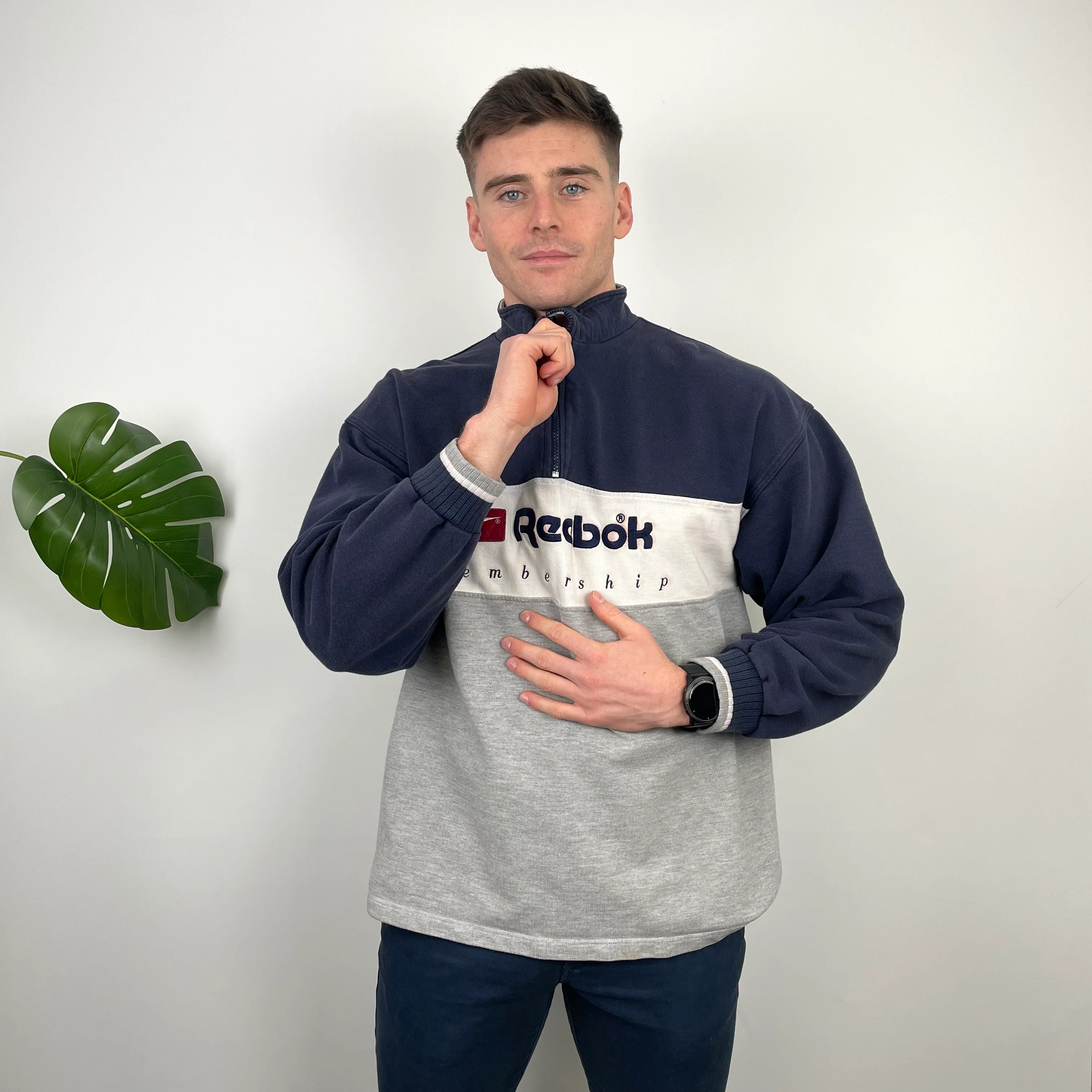 Reebok Membership RARE Black and Grey Embroidered Spell Out Quarter Zip Sweatshirt (M) - Image 3