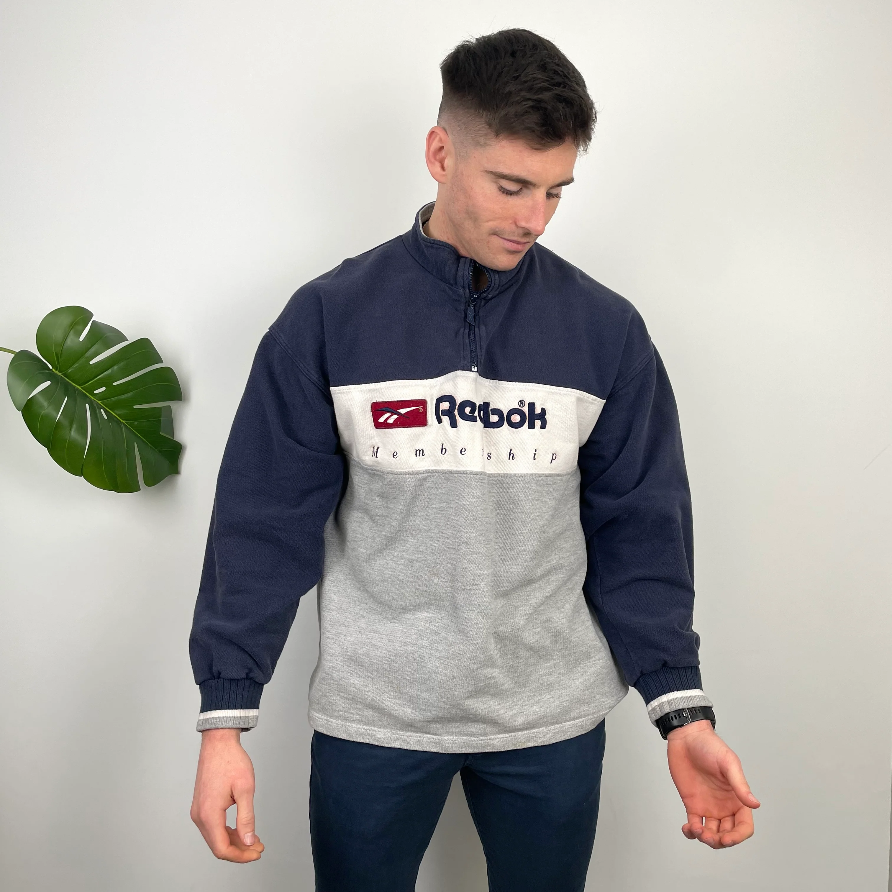 Reebok Membership RARE Black and Grey Embroidered Spell Out Quarter Zip Sweatshirt (M) - Image 4