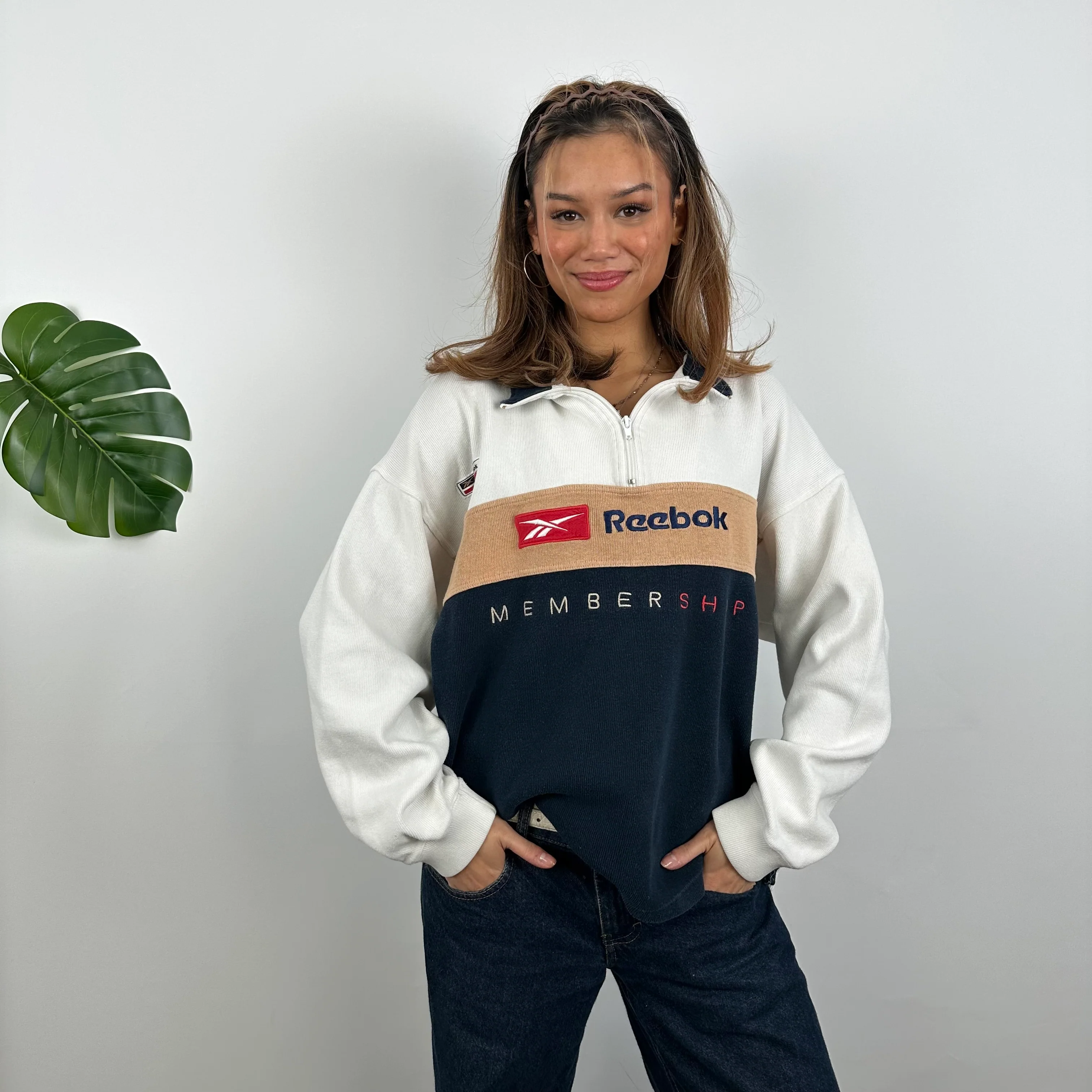 Reebok Membership RARE Navy and Cream Embroidered Spell Out Quarter Zip Sweatshirt (M) - Image 4