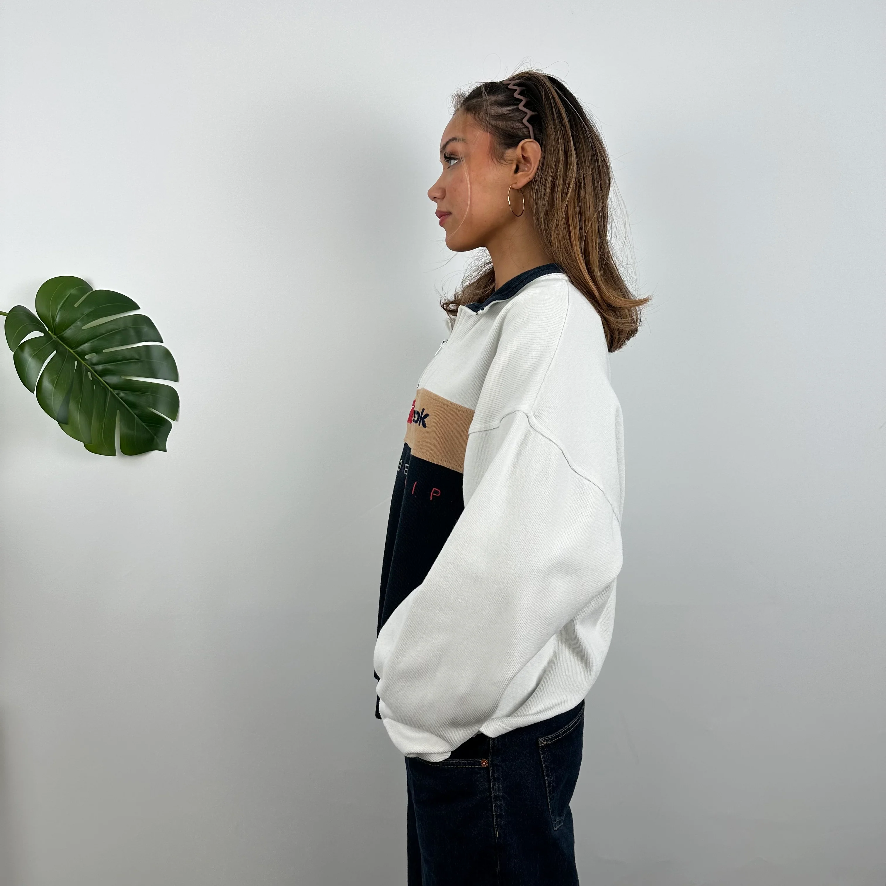 Reebok Membership RARE Navy and Cream Embroidered Spell Out Quarter Zip Sweatshirt (M) - Image 6