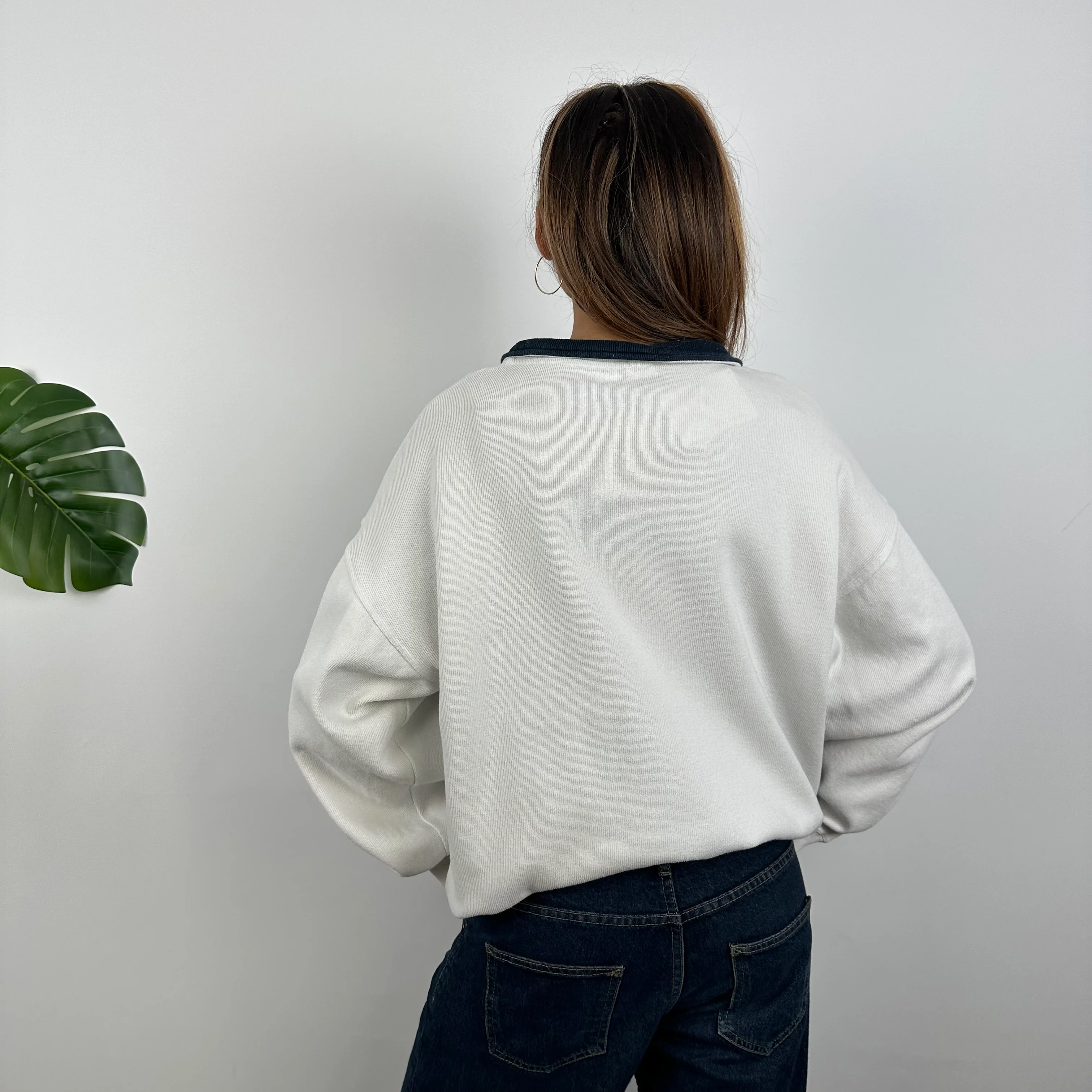 Reebok Membership RARE Navy and Cream Embroidered Spell Out Quarter Zip Sweatshirt (M) - Image 7