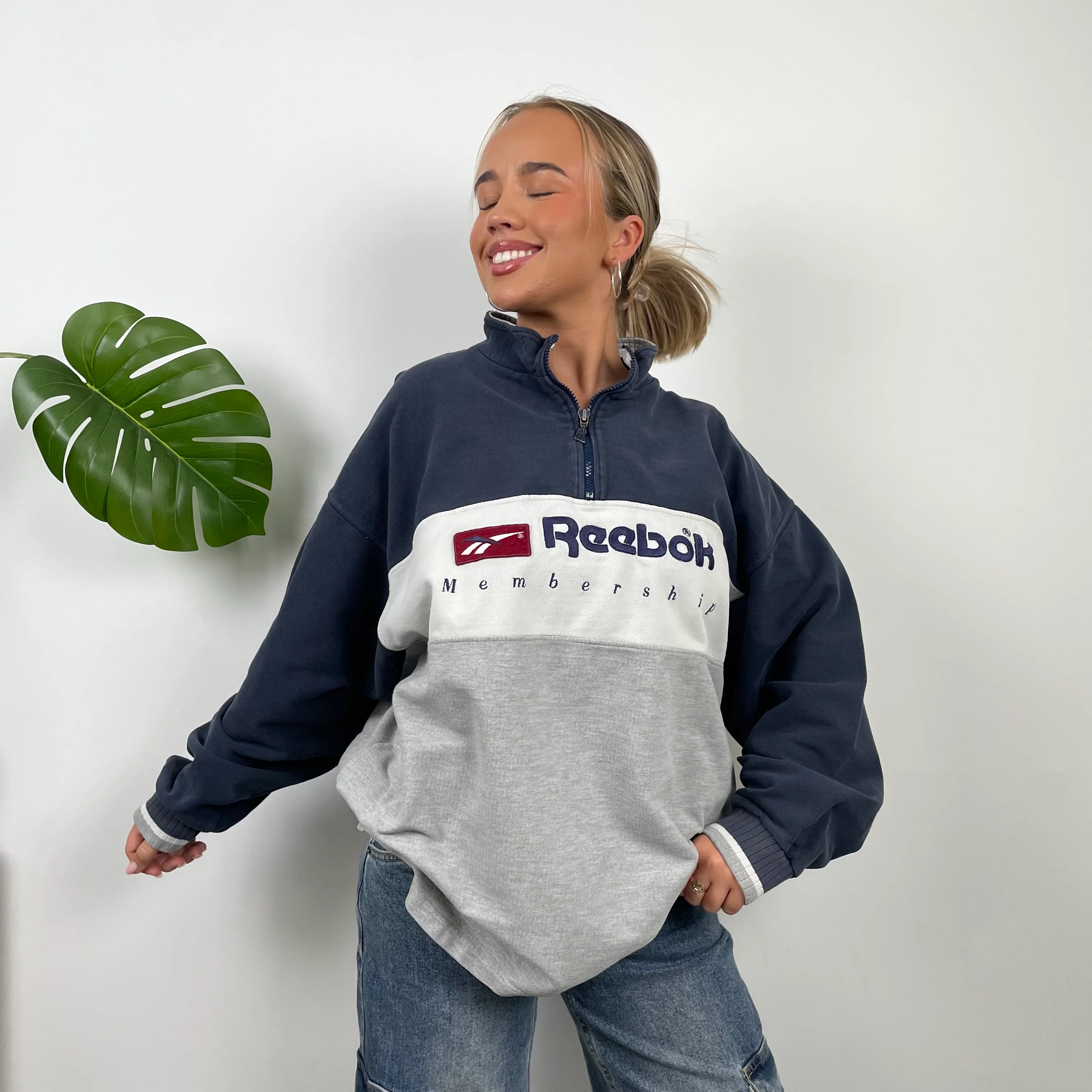 Reebok Membership RARE Navy and Grey Embroidered Spell Out Quarter Zip Sweatshirt (M)