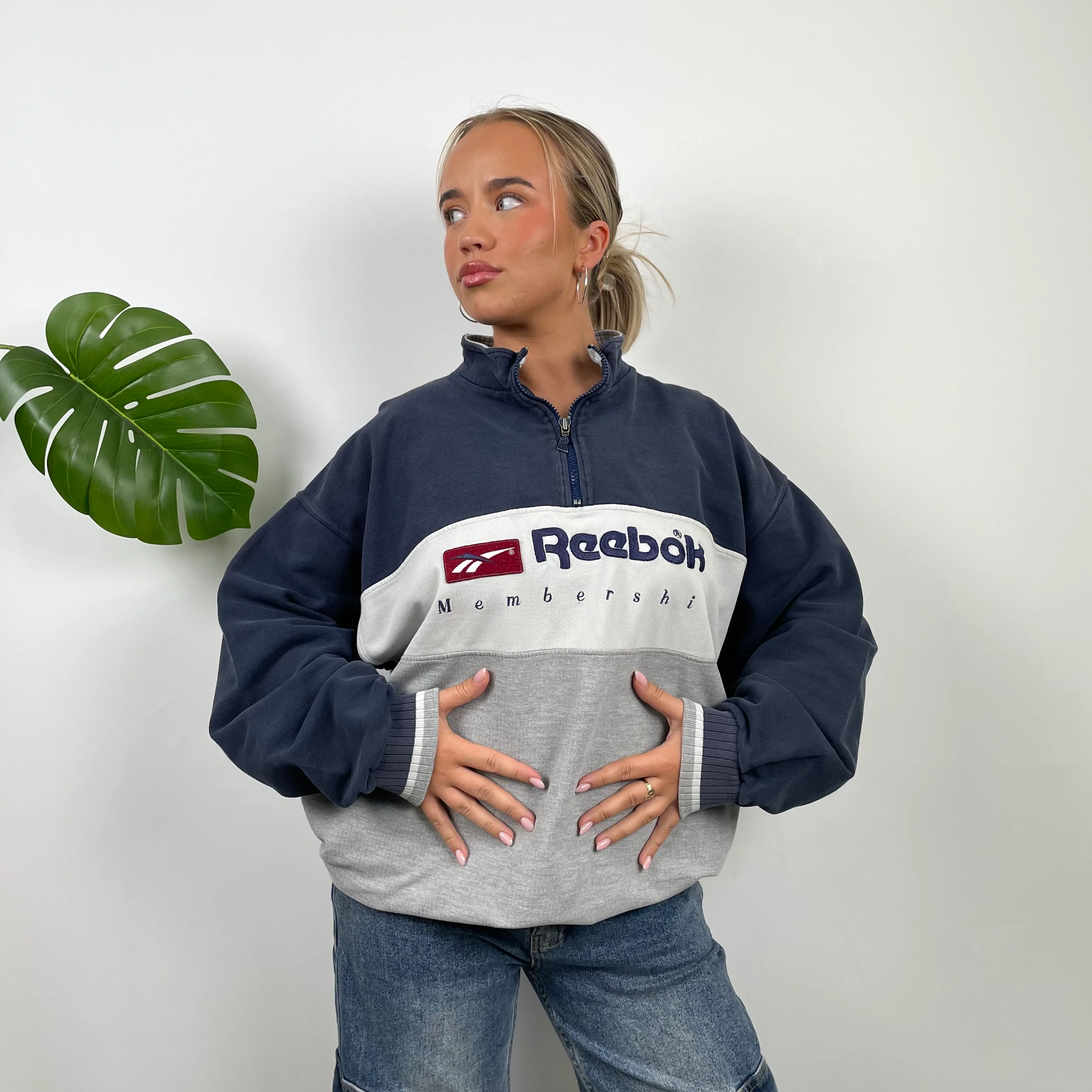 Reebok Membership RARE Navy and Grey Embroidered Spell Out Quarter Zip Sweatshirt (M) - Image 4