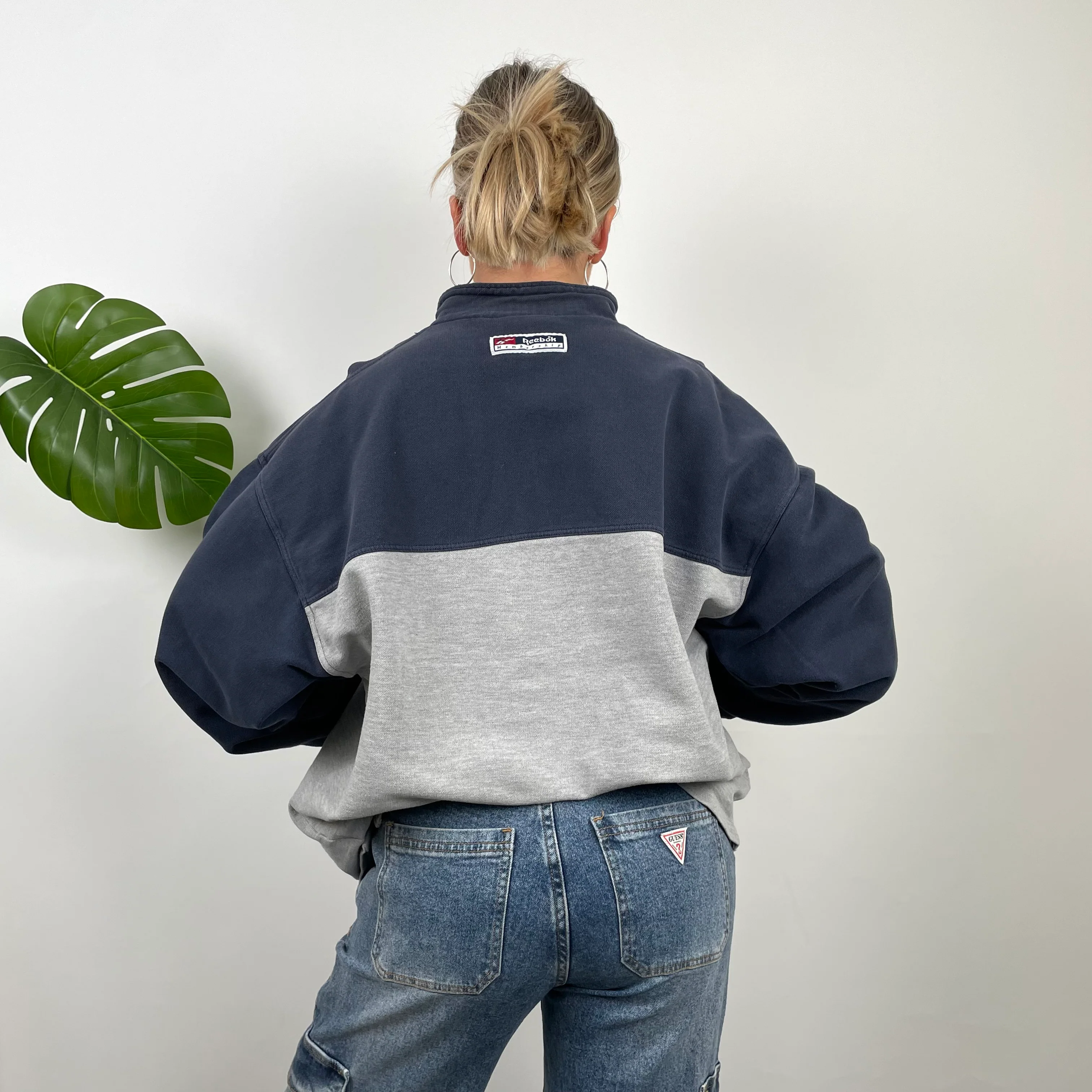 Reebok Membership RARE Navy and Grey Embroidered Spell Out Quarter Zip Sweatshirt (M) - Image 5