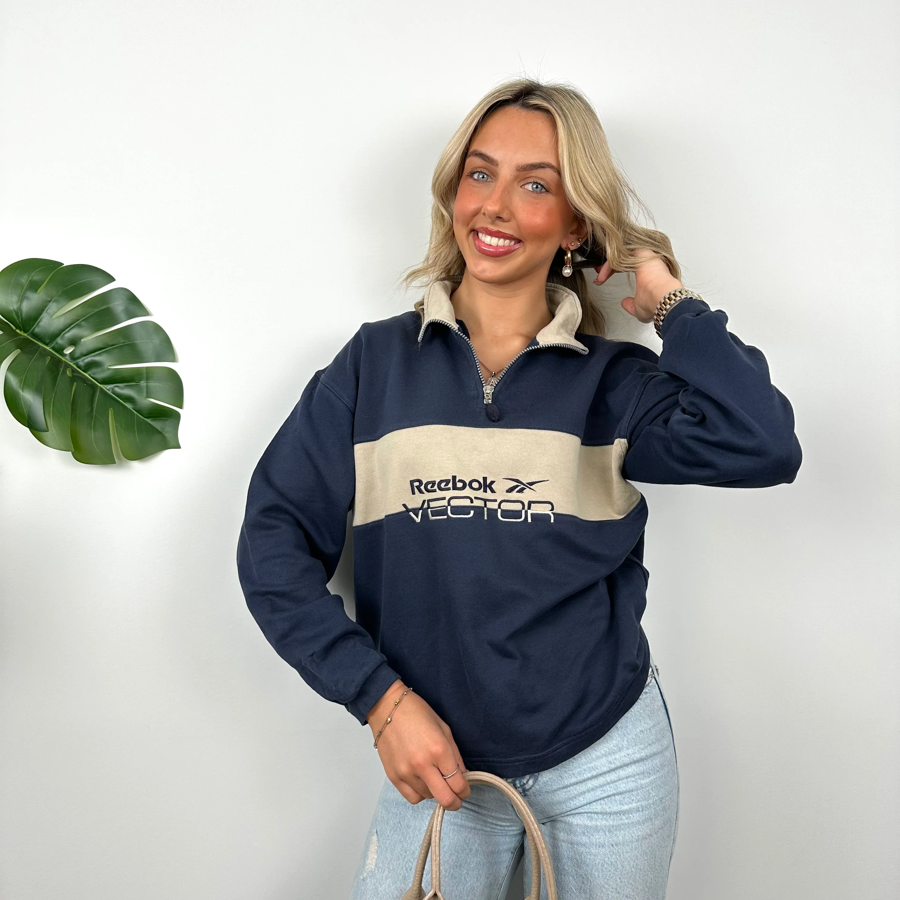 Reebok Navy Embroidered Spell Out Quarter Zip Sweatshirt (S) - Image 5