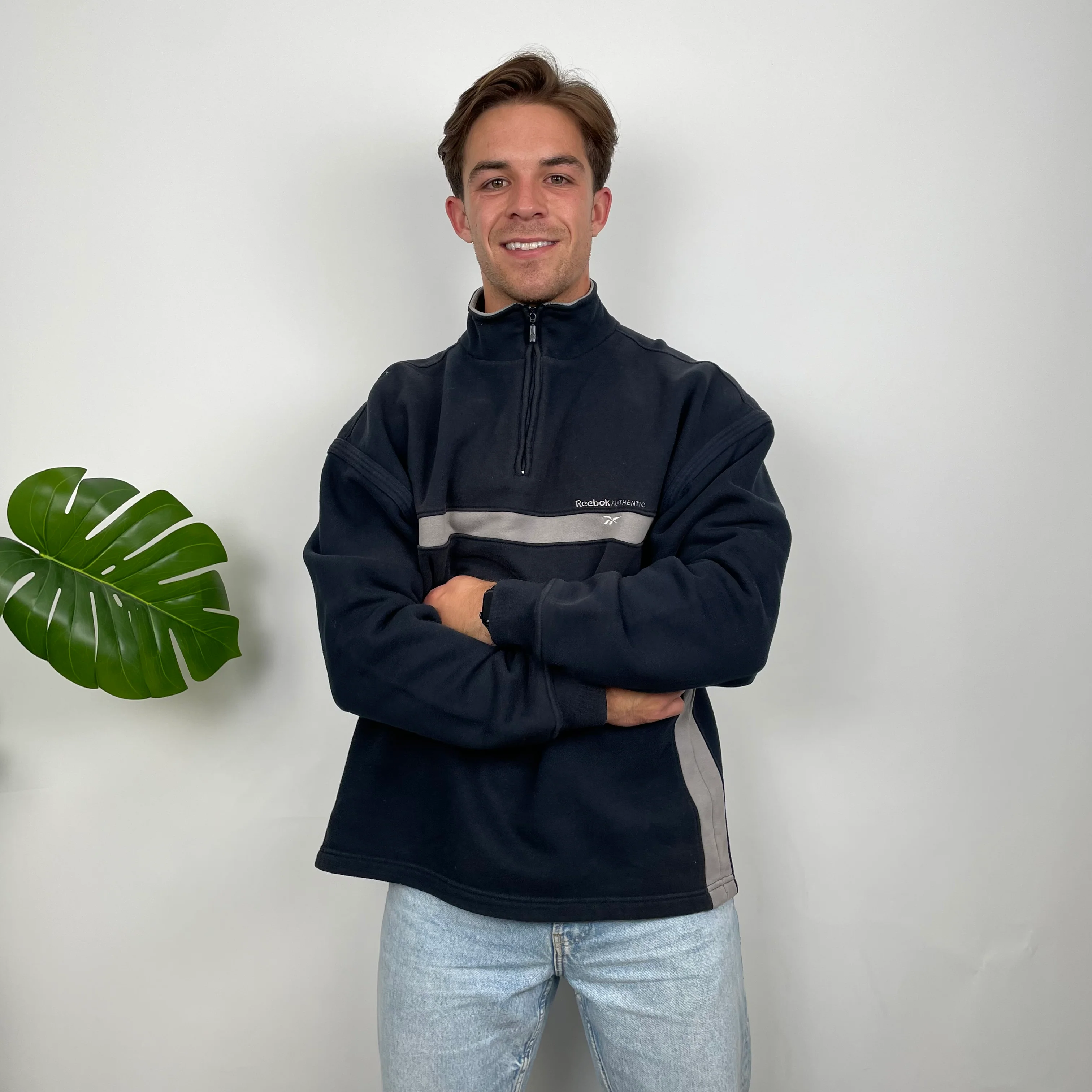 Reebok Navy Embroidered Spell Out Quarter Zip Sweatshirt (M) - Image 2