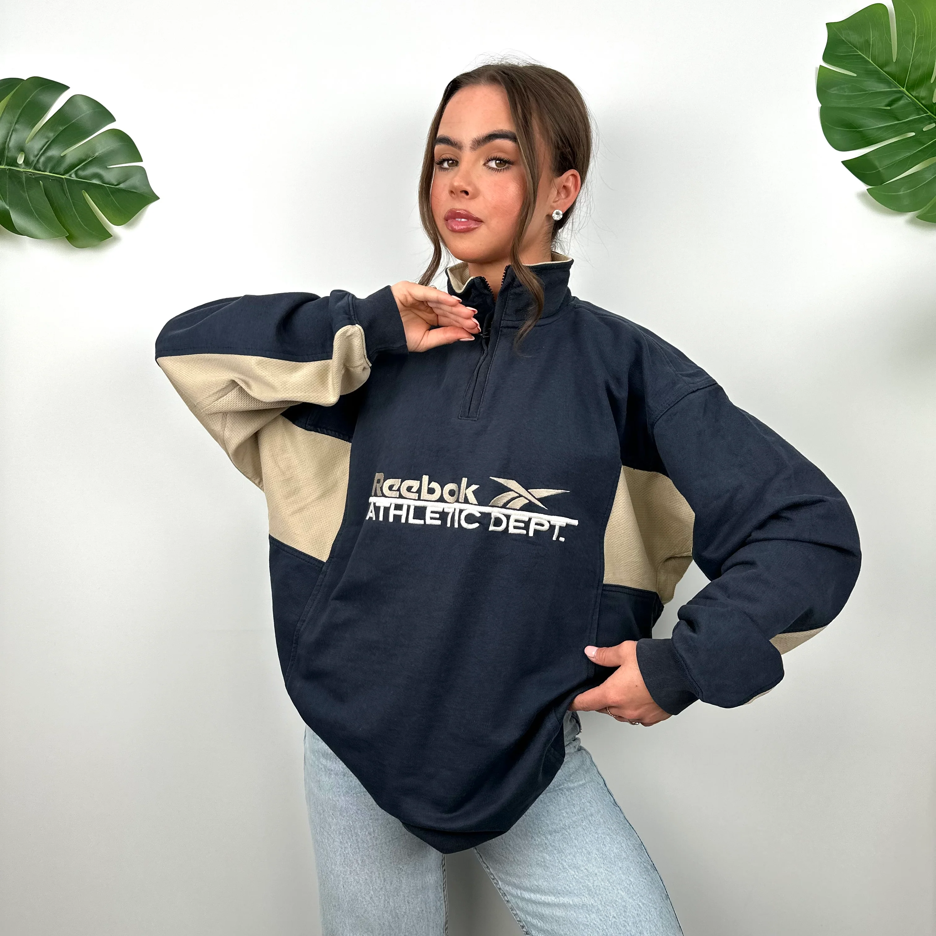 Reebok Navy Embroidered Spell Out Quarter Zip Sweatshirt (L) - Image 8