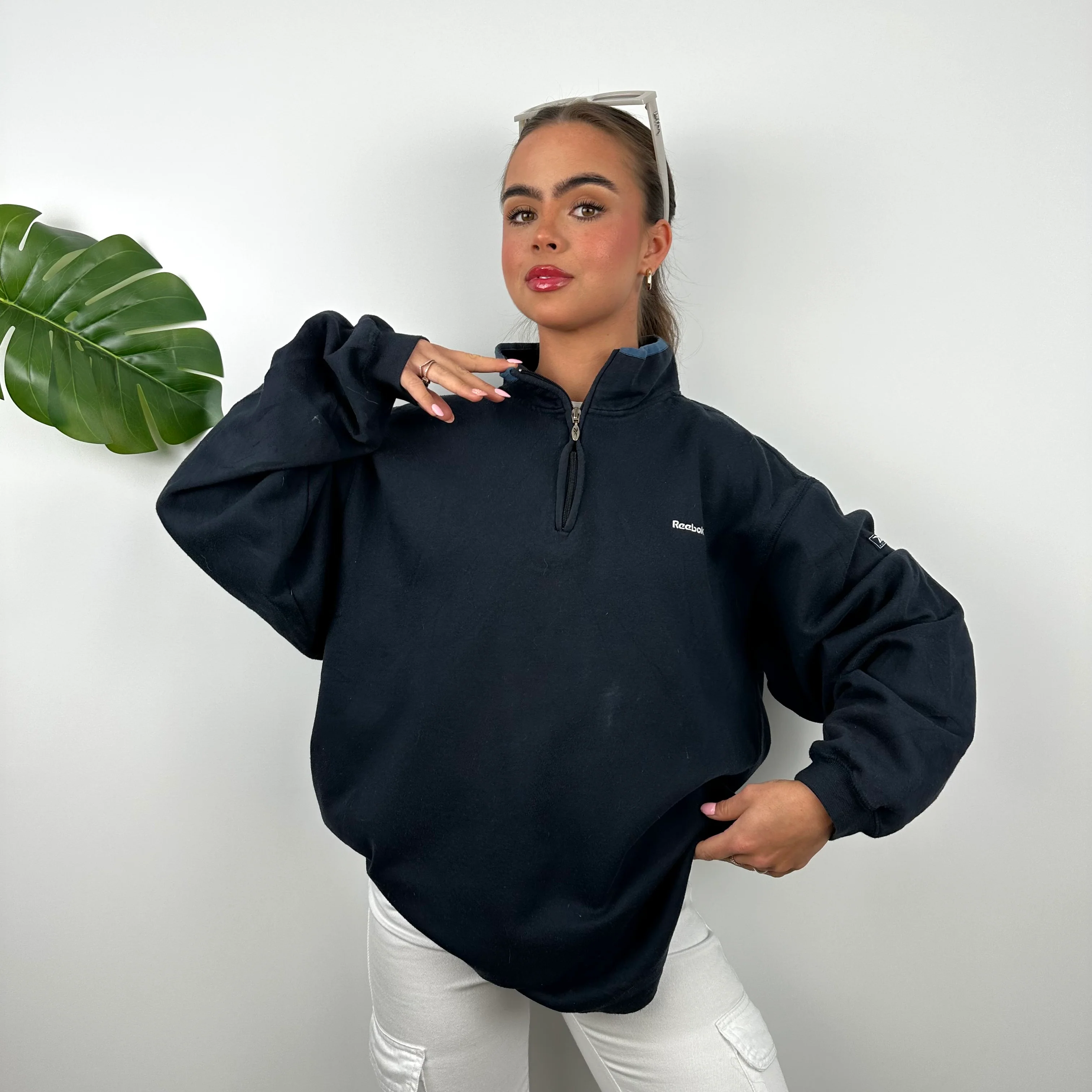 Reebok Navy Embroidered Spell Out Quarter Zip Sweatshirt (M) - Image 2