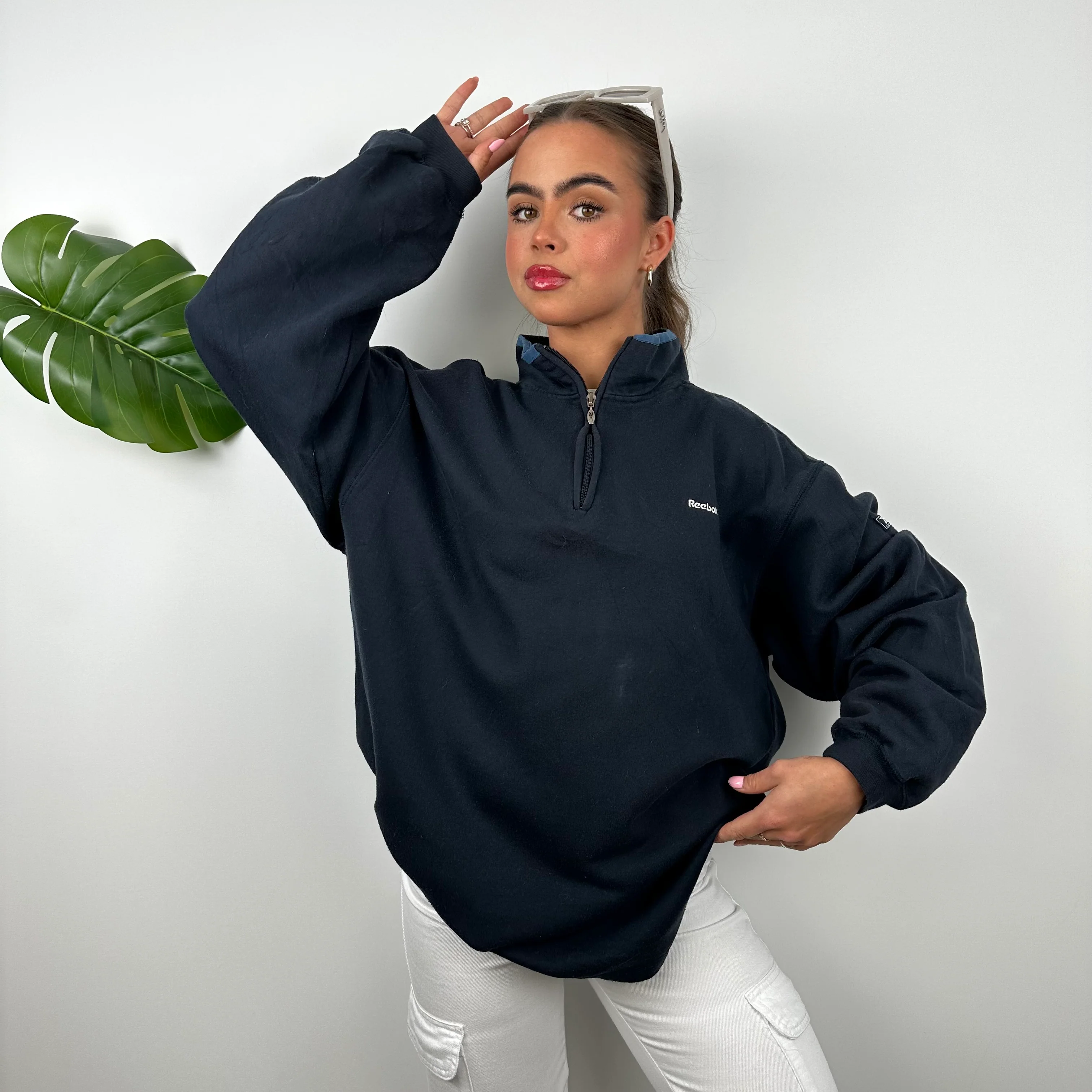 Reebok Navy Embroidered Spell Out Quarter Zip Sweatshirt (M) - Image 3