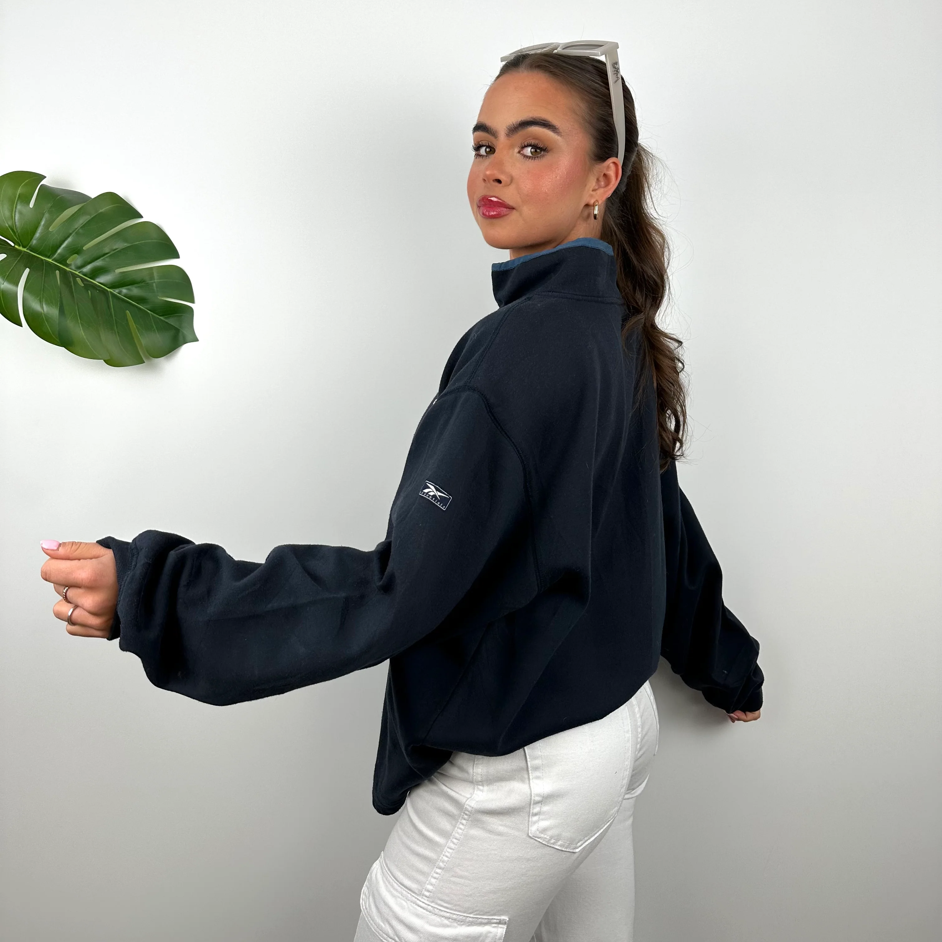 Reebok Navy Embroidered Spell Out Quarter Zip Sweatshirt (M) - Image 4