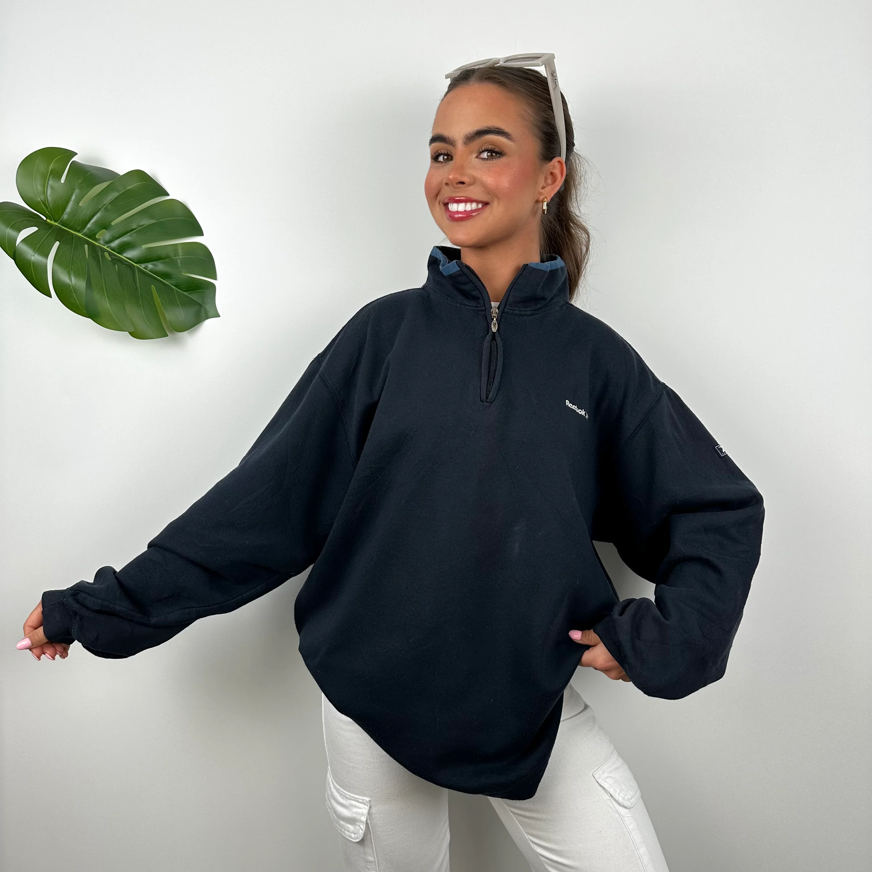 Reebok Navy Embroidered Spell Out Quarter Zip Sweatshirt (M) - Image 5
