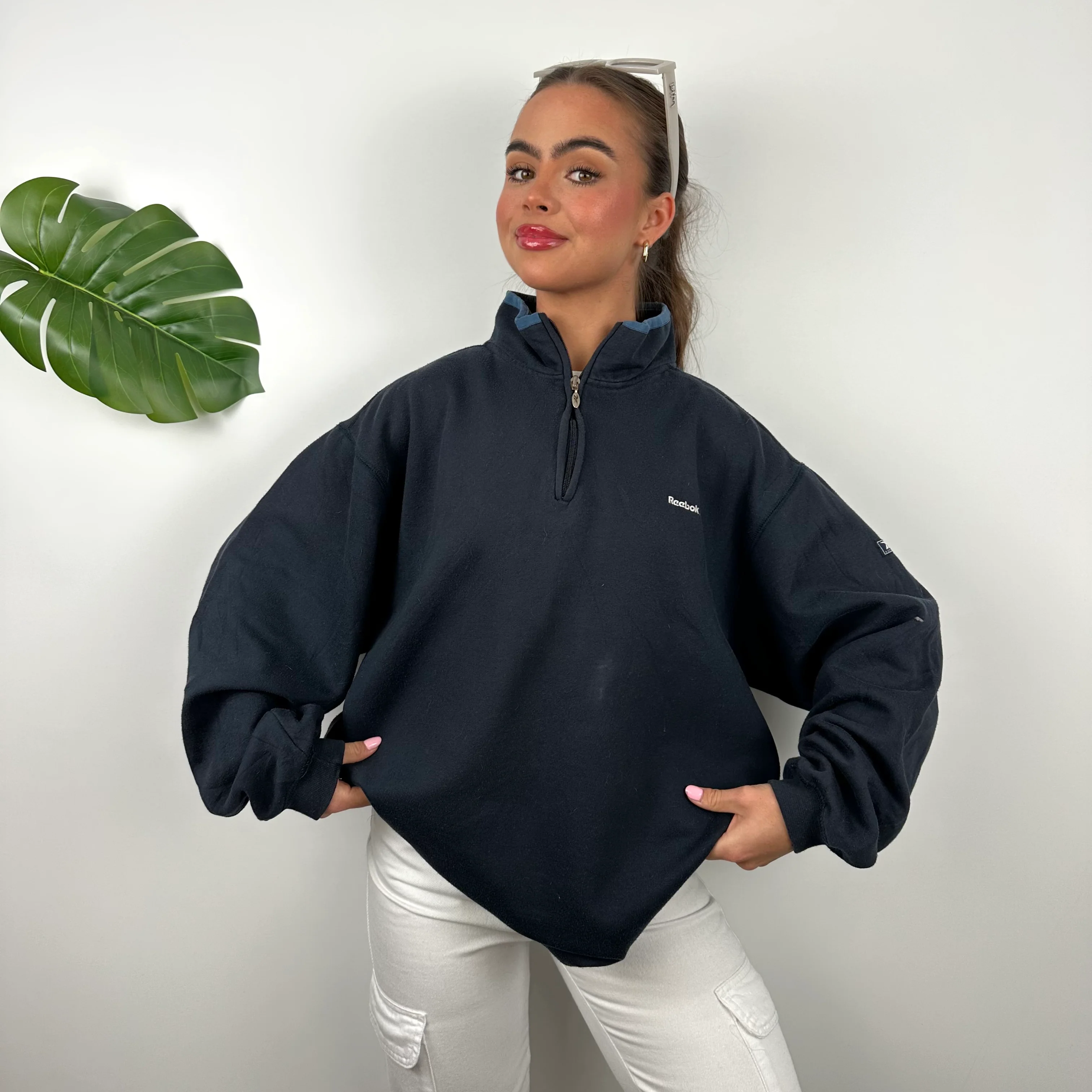Reebok Navy Embroidered Spell Out Quarter Zip Sweatshirt (M) - Image 6