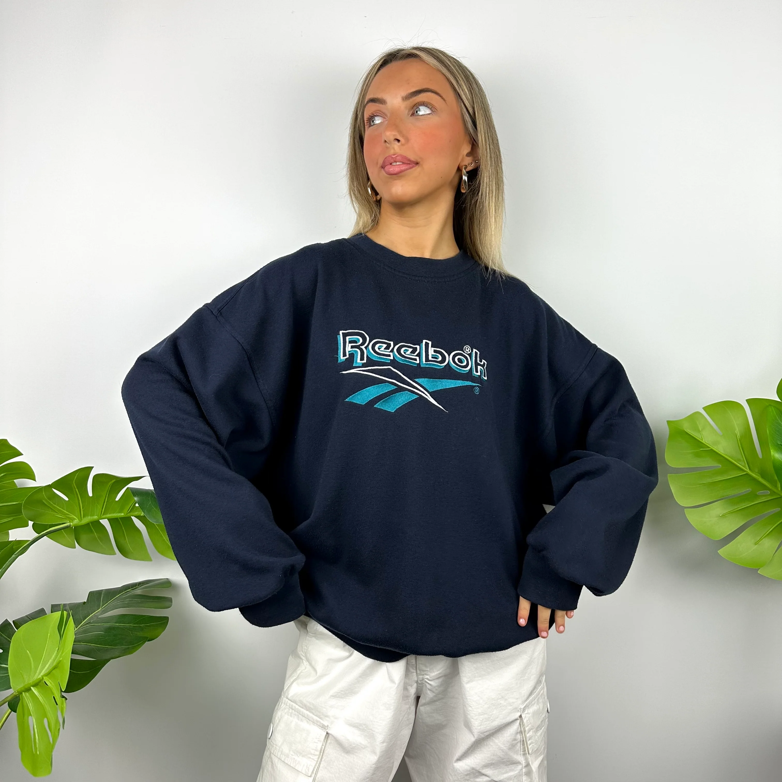 Reebok Navy Embroidered Spell Out Sweatshirt (L) - Image 3