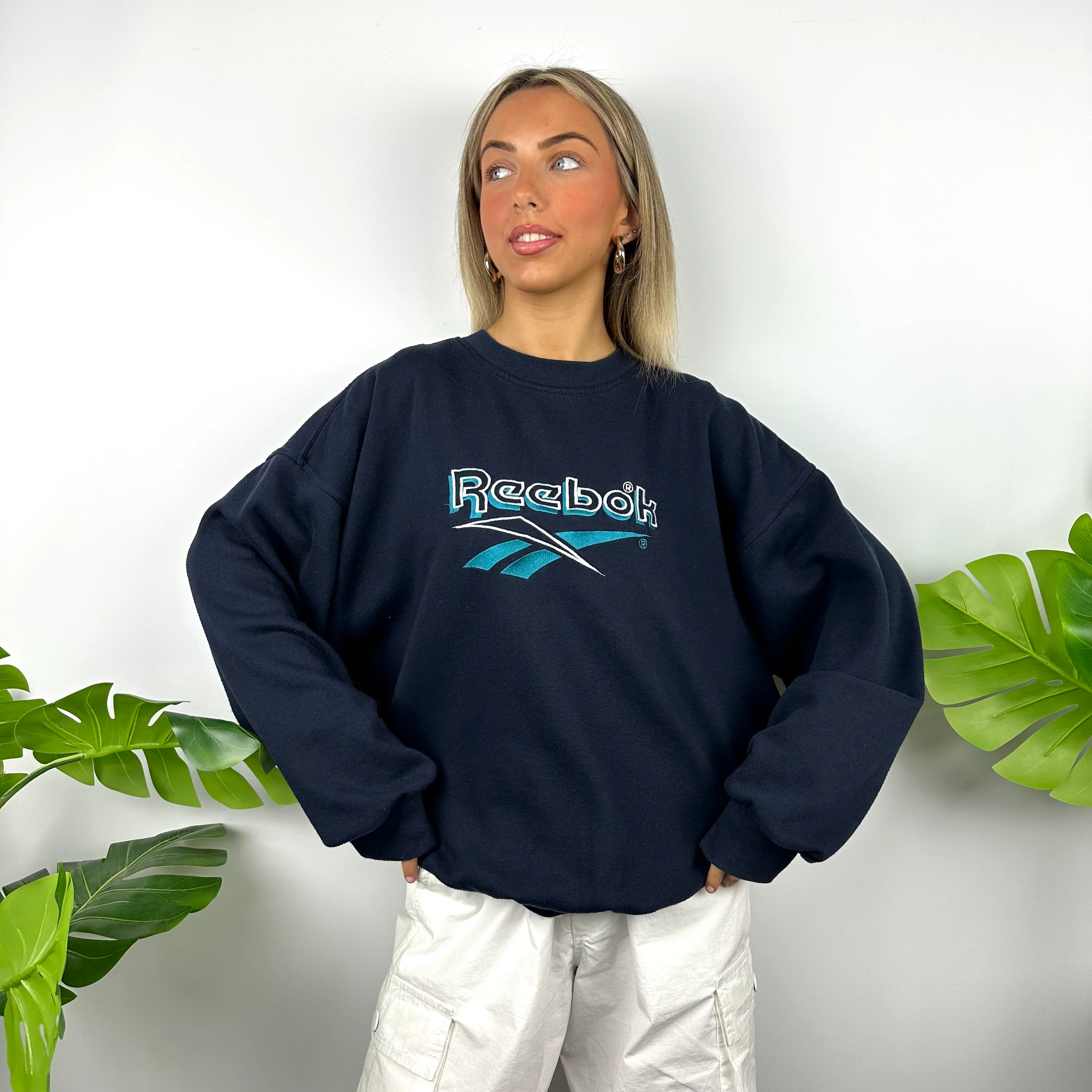 Reebok Navy Embroidered Spell Out Sweatshirt (L) - Image 5