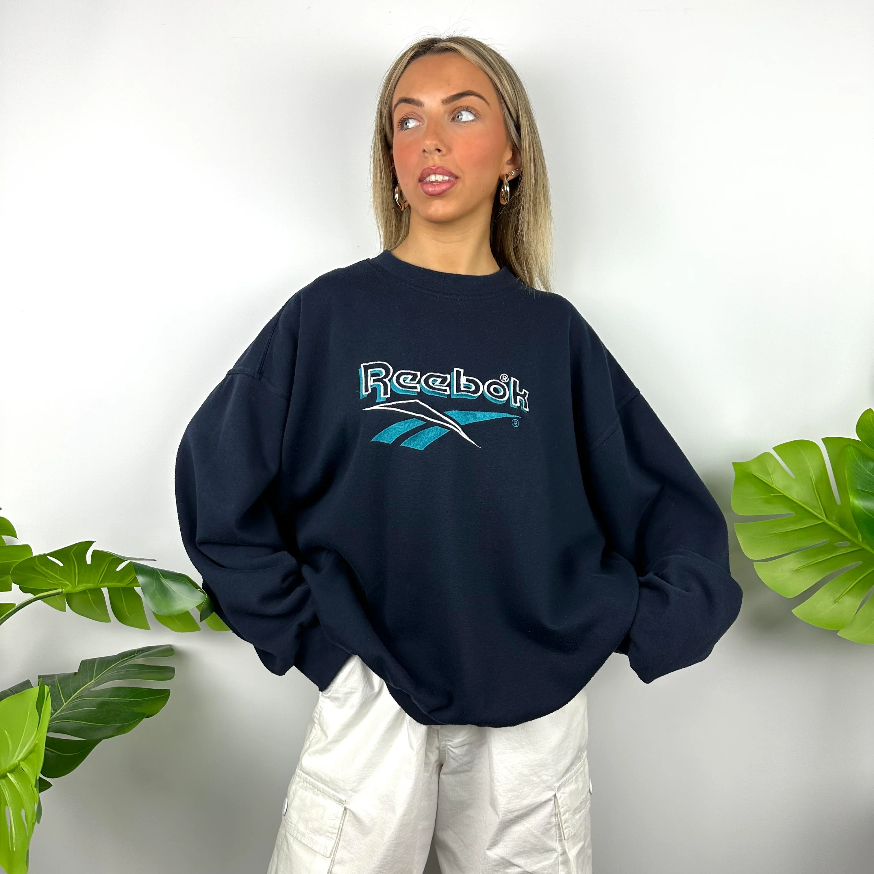 Reebok Navy Embroidered Spell Out Sweatshirt (L) - Image 7