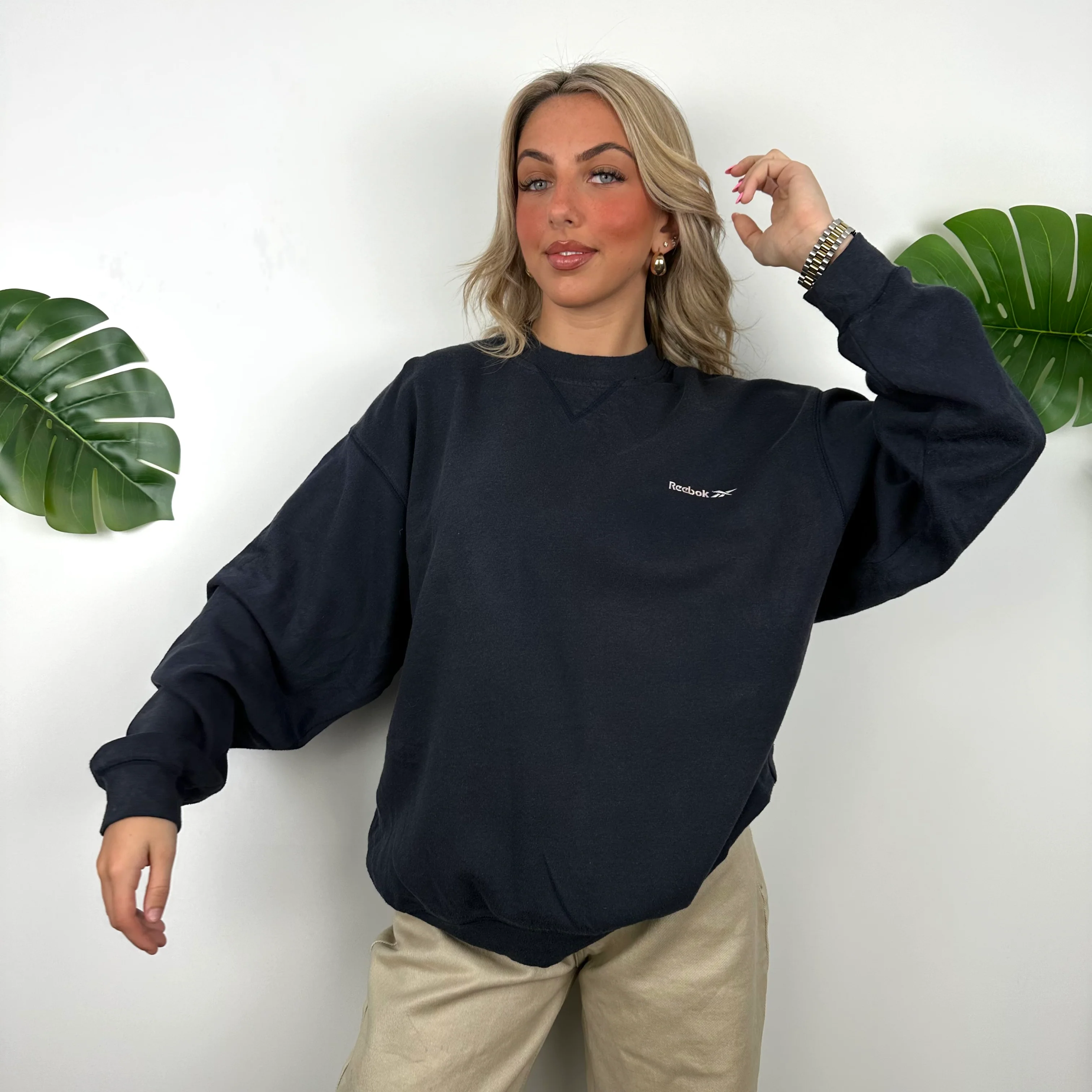 Reebok Navy Embroidered Spell Out Sweatshirt (L)