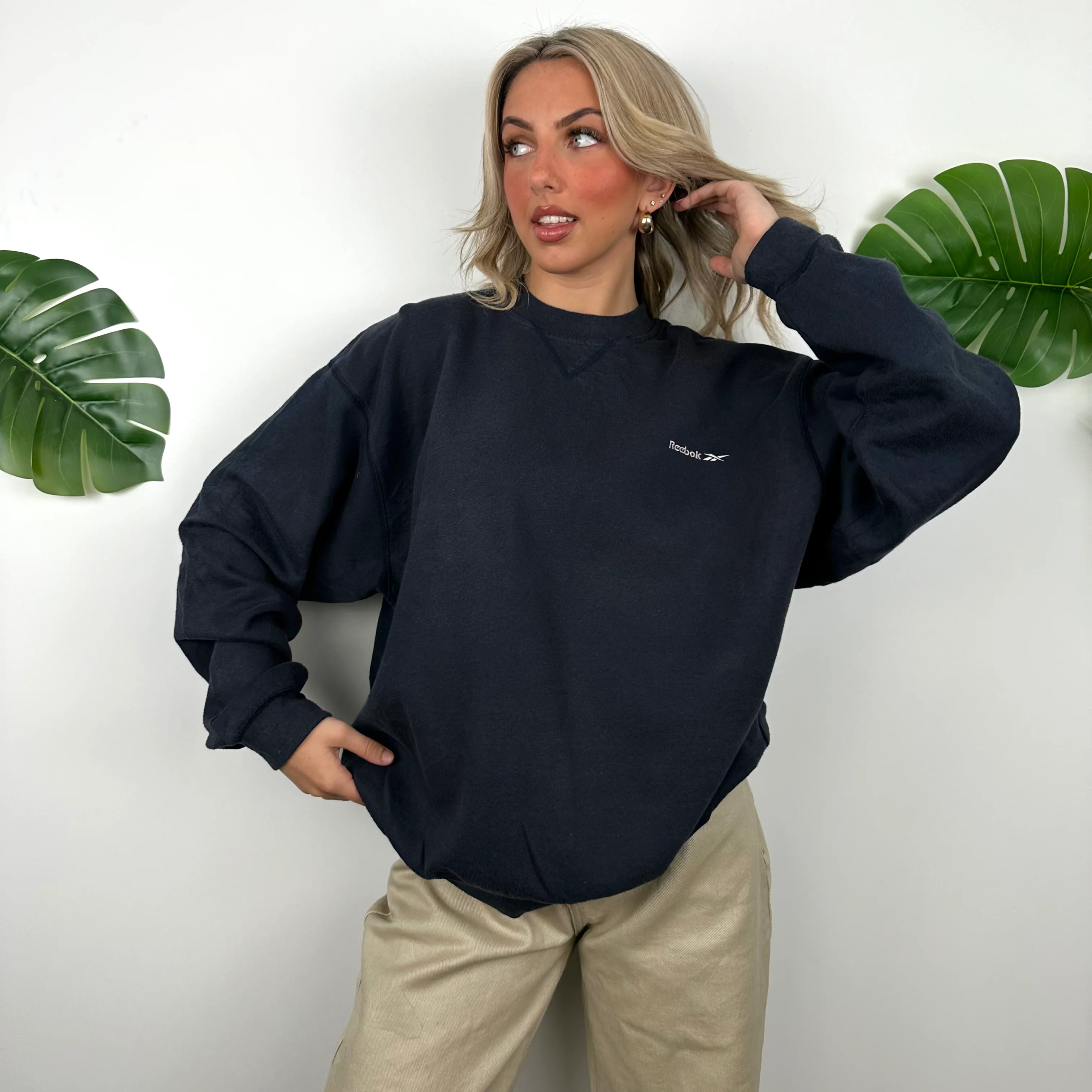 Reebok Navy Embroidered Spell Out Sweatshirt (L) - Image 3
