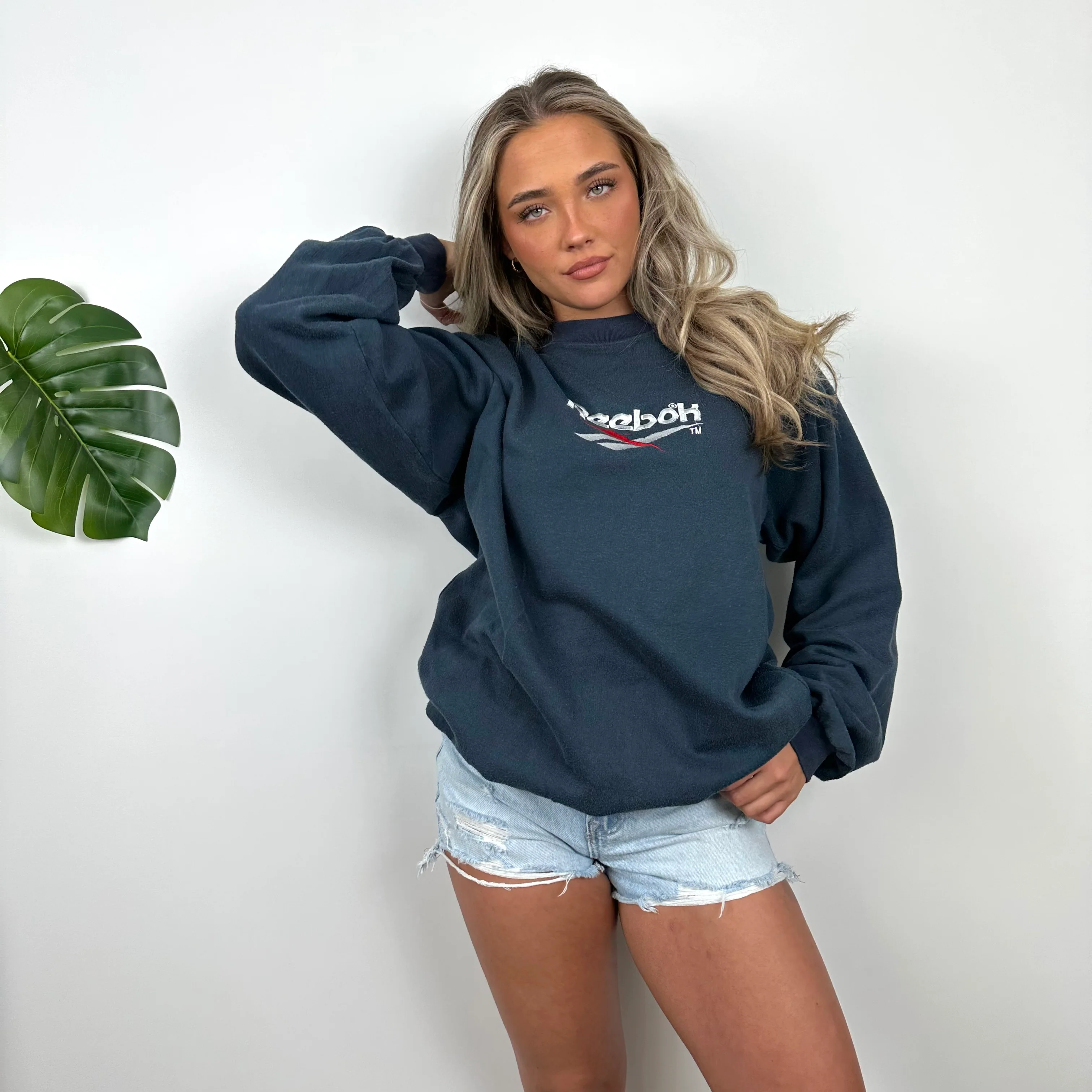 Reebok Navy Embroidered Spell Out Sweatshirt (L) - Image 3