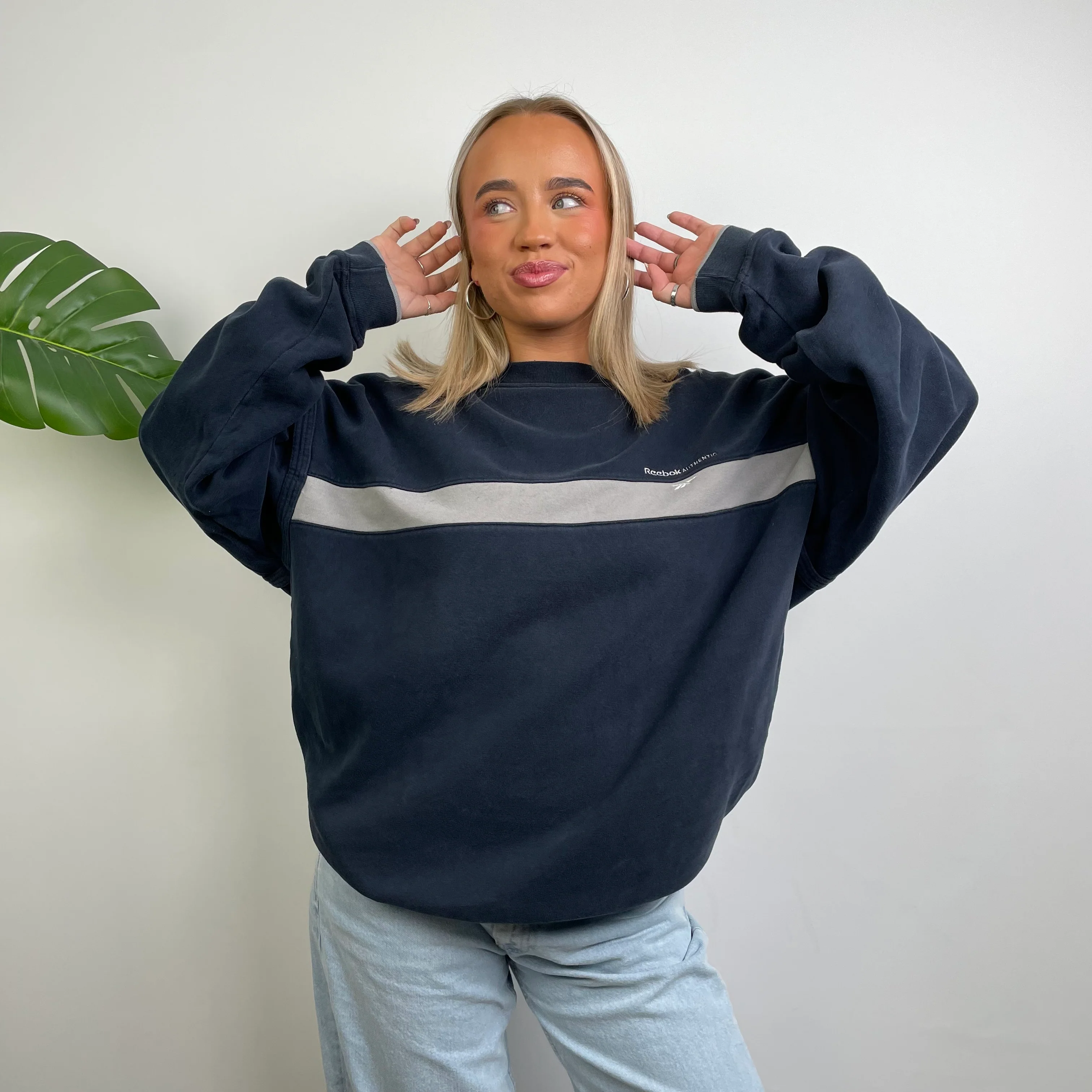 Reebok Navy Embroidered Spell Out Sweatshirt (L)