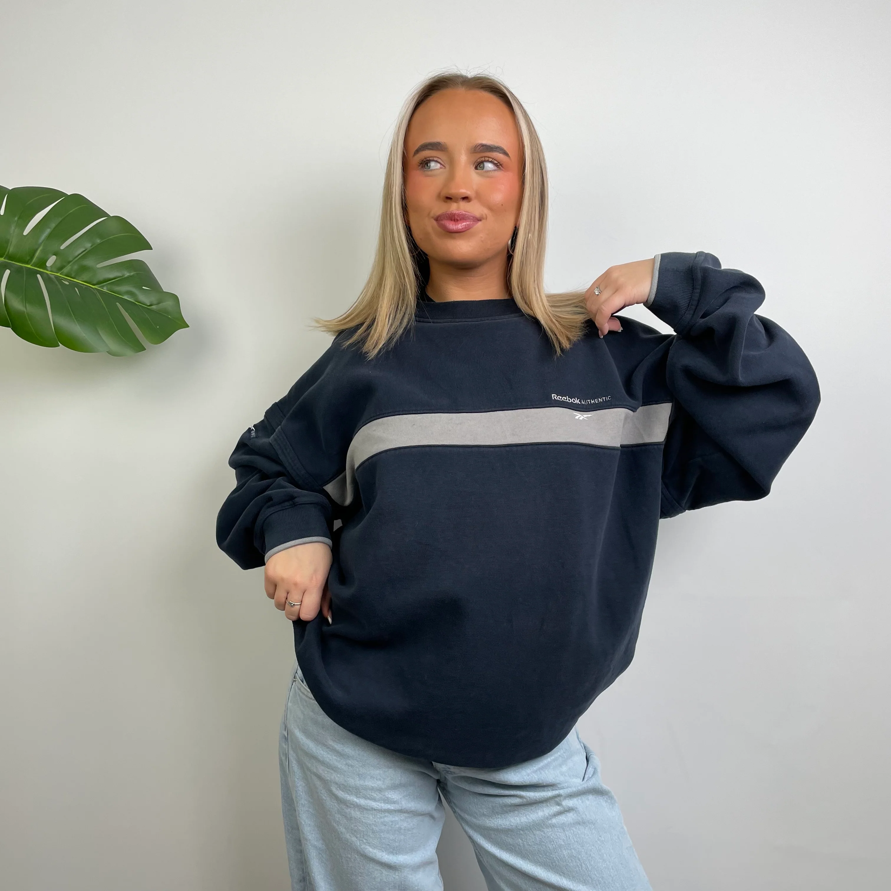 Reebok Navy Embroidered Spell Out Sweatshirt (L) - Image 2