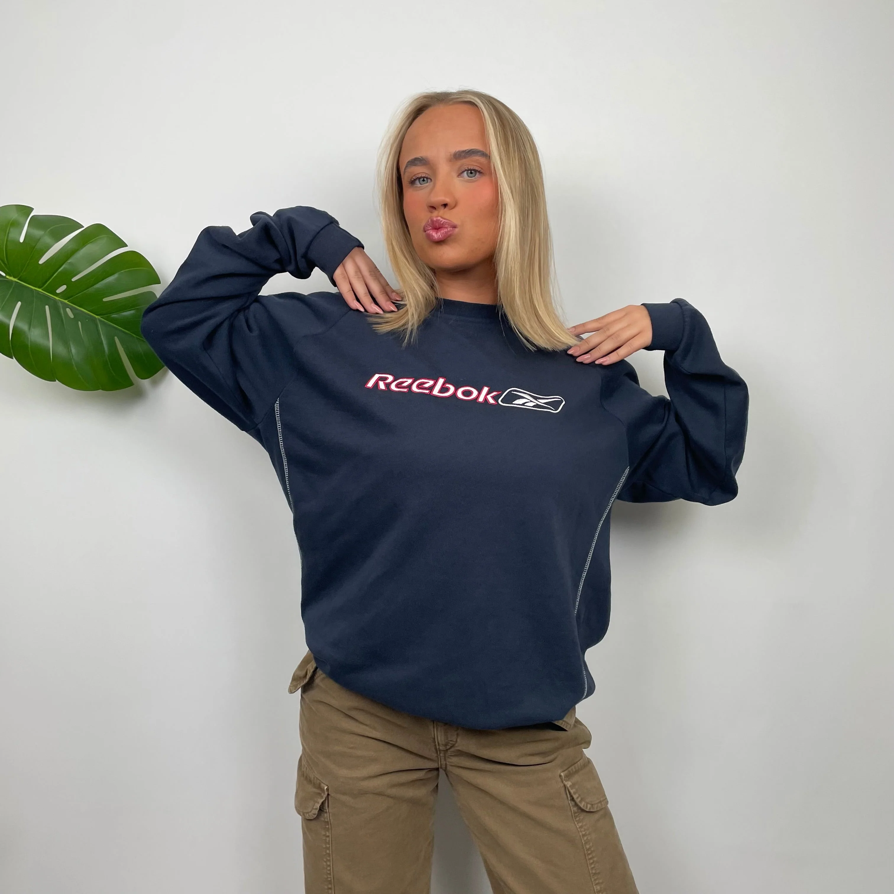 Reebok Navy Embroidered Spell Out Sweatshirt (L) - Image 5