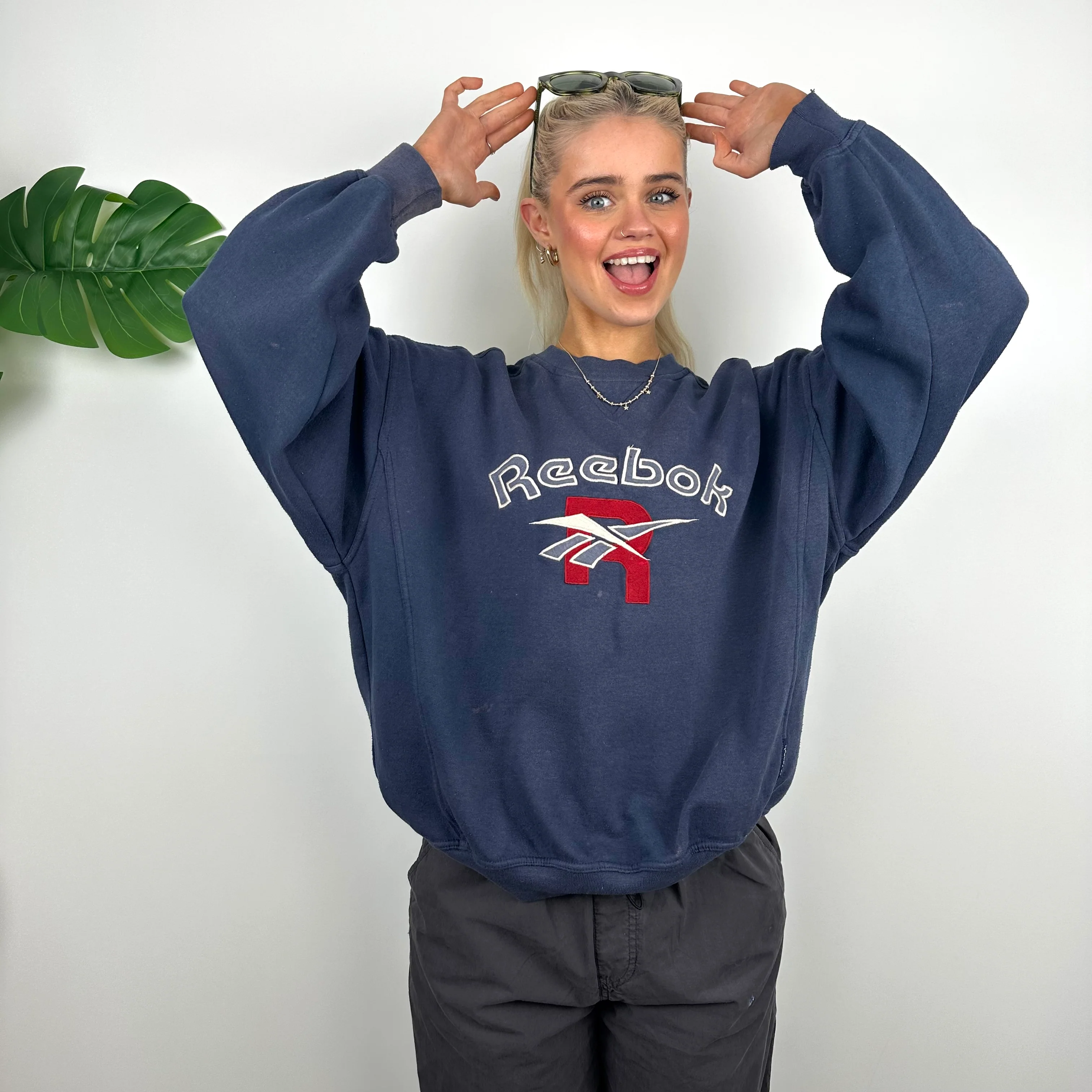 Reebok Navy Embroidered Spell Out Sweatshirt (S)