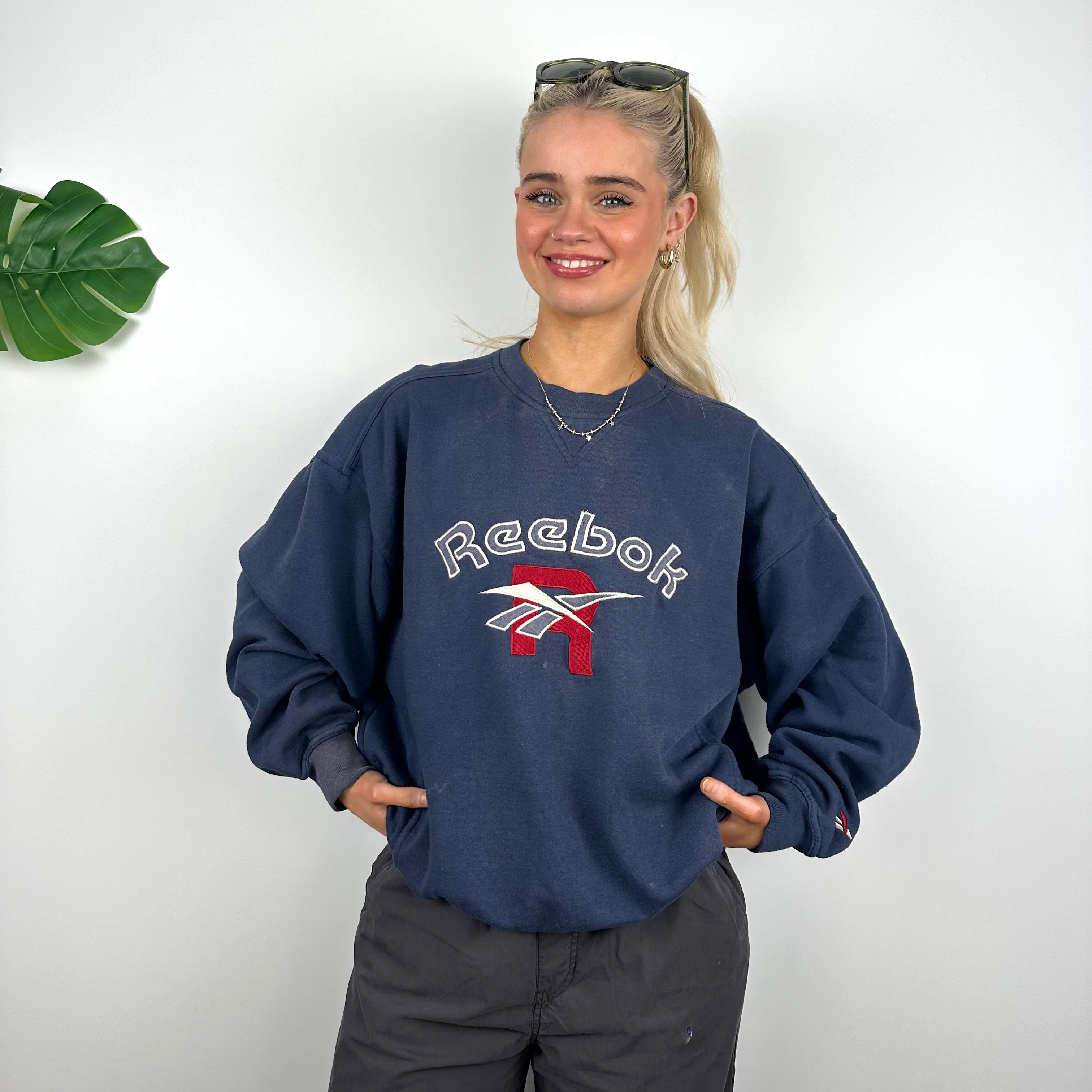 Reebok Navy Embroidered Spell Out Sweatshirt (S) - Image 3