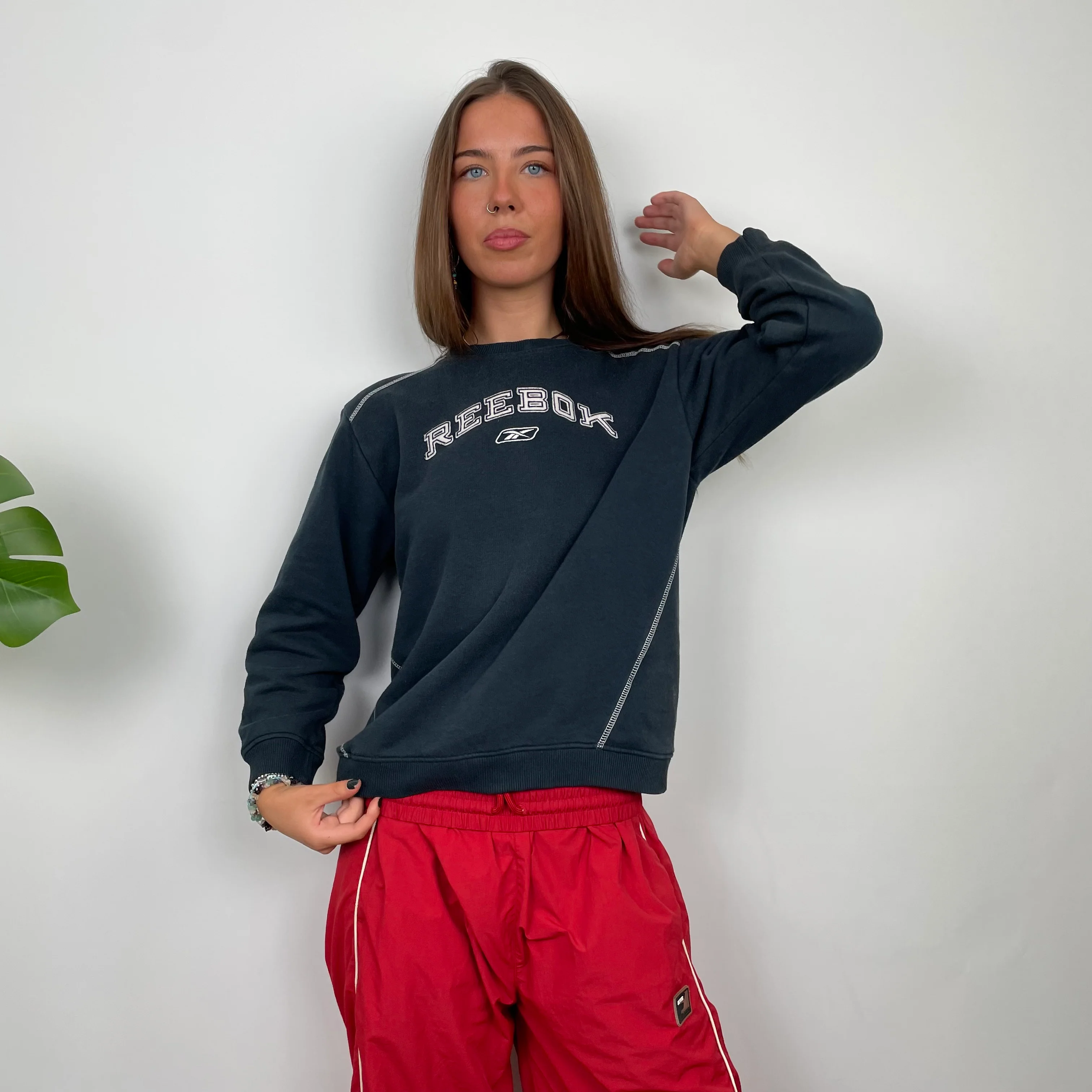 Reebok Navy Embroidered Spell Out Sweatshirt (S) - Image 4