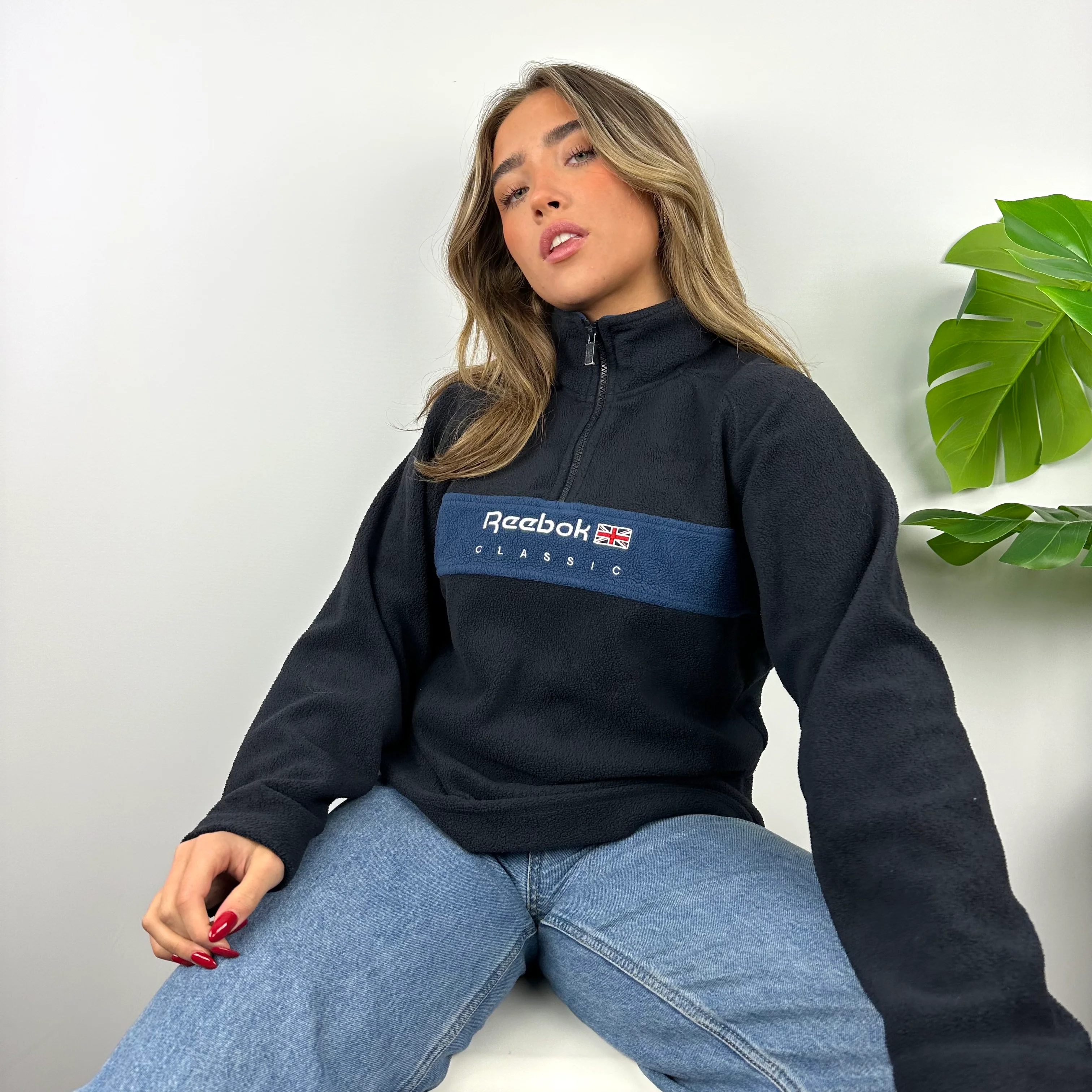 Reebok Navy Embroidered Spell Out Teddy Bear Fleece Quarter Zip Sweatshirt (S) - Image 3