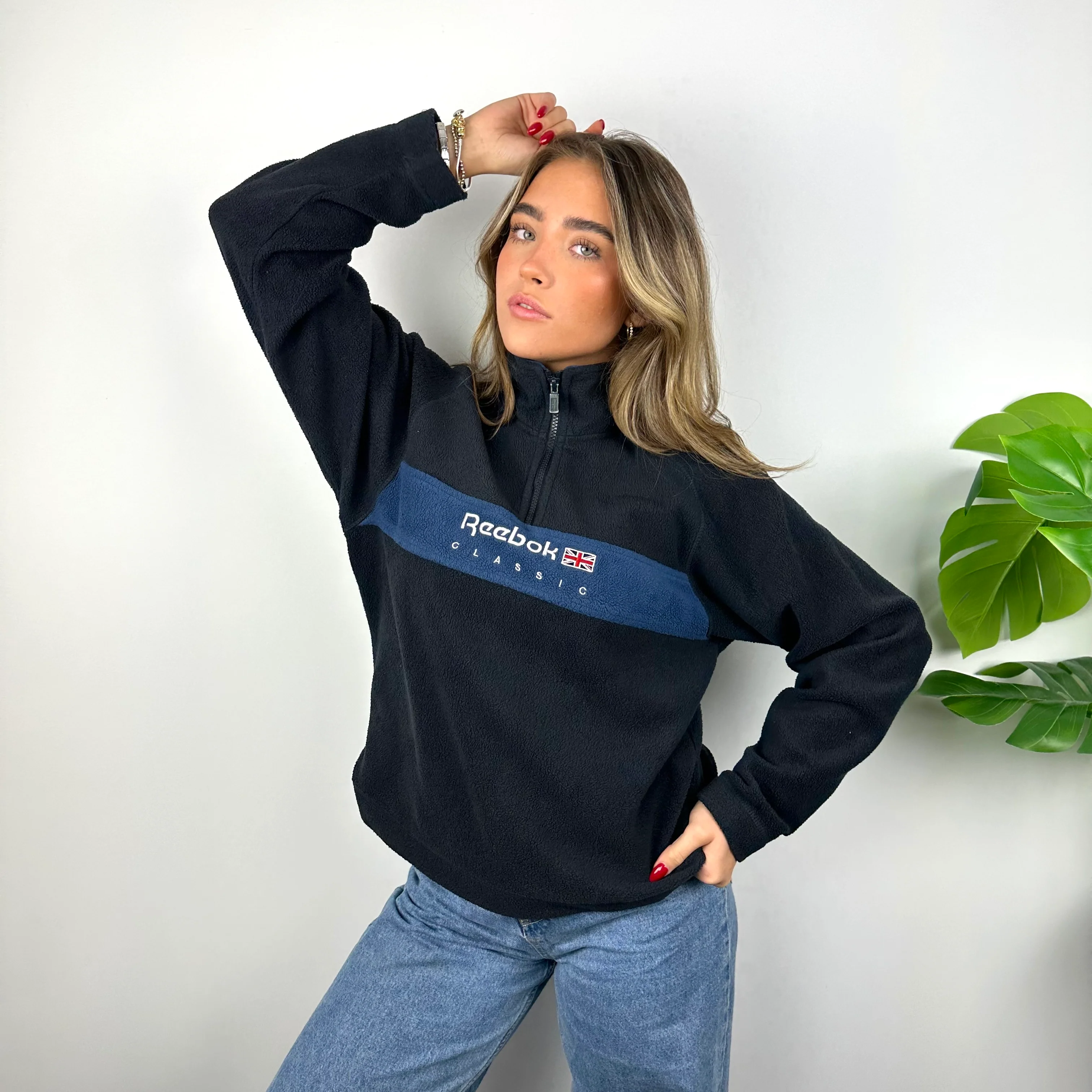 Reebok Navy Embroidered Spell Out Teddy Bear Fleece Quarter Zip Sweatshirt (S) - Image 4