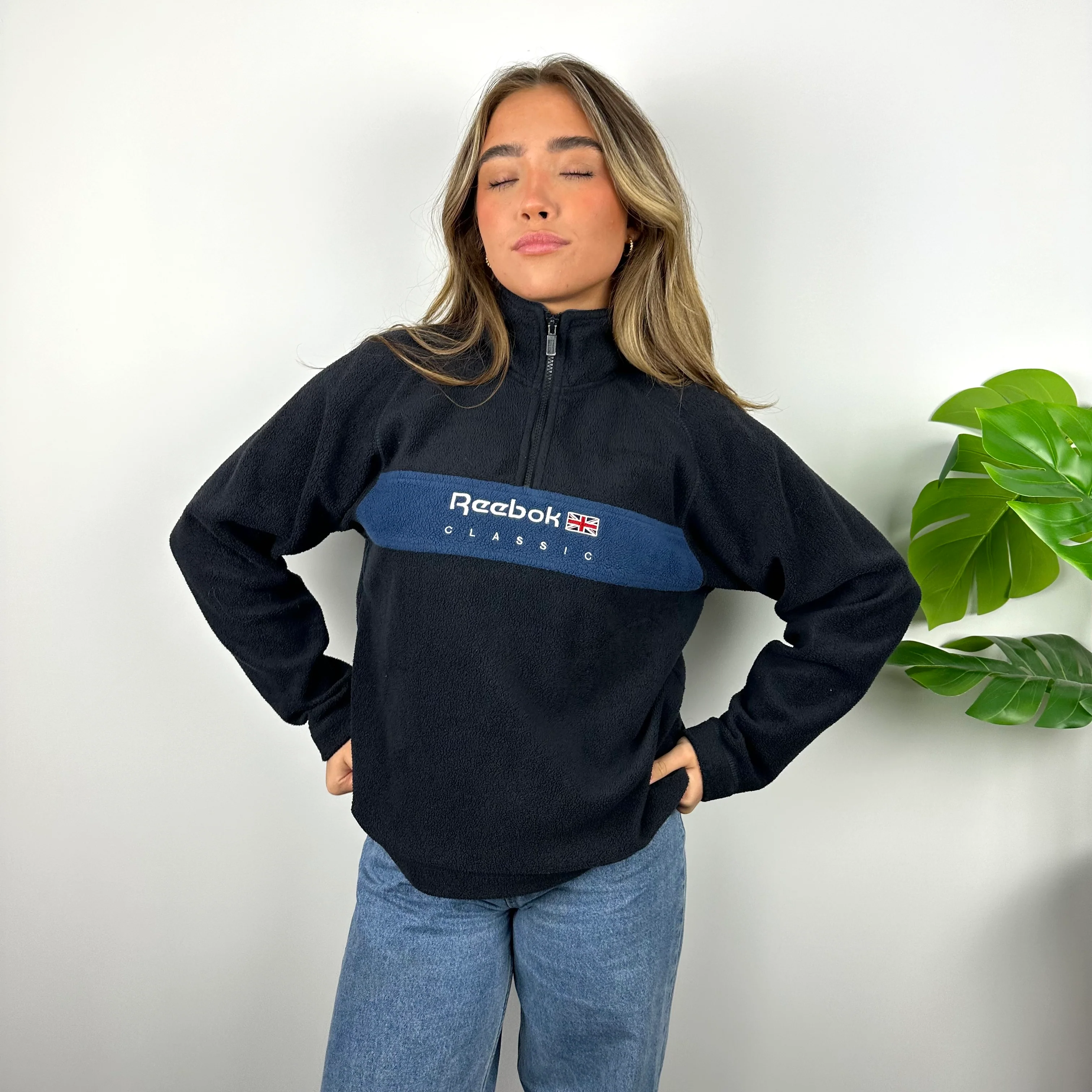 Reebok Navy Embroidered Spell Out Teddy Bear Fleece Quarter Zip Sweatshirt (S) - Image 6