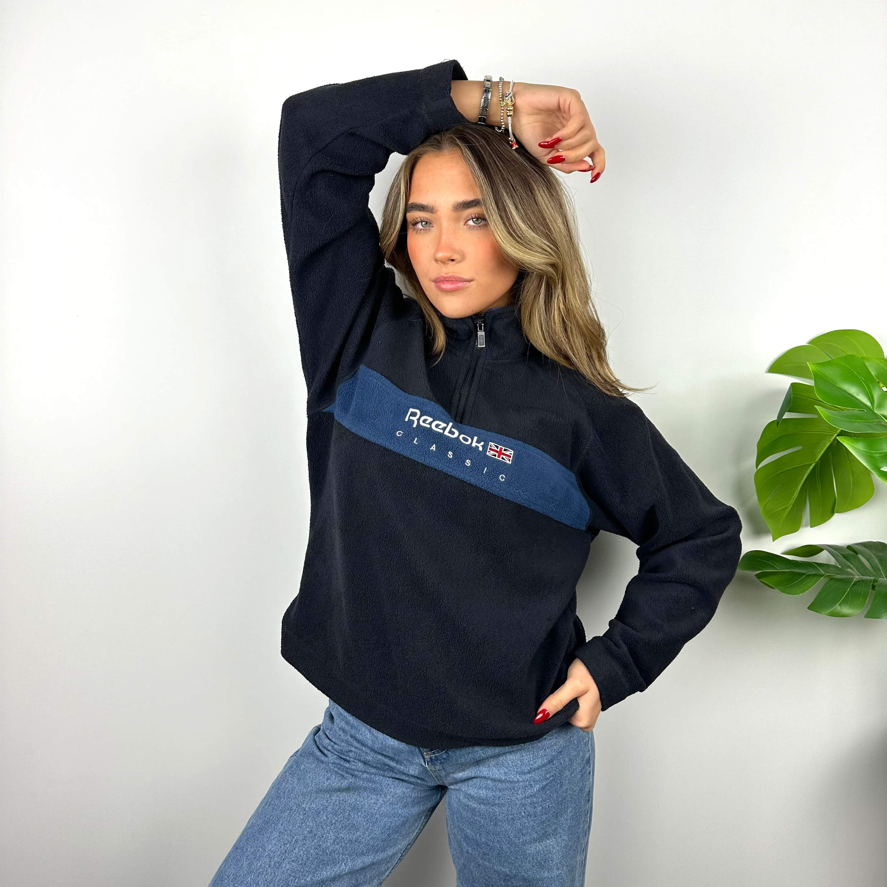 Reebok Navy Embroidered Spell Out Teddy Bear Fleece Quarter Zip Sweatshirt (S) - Image 7